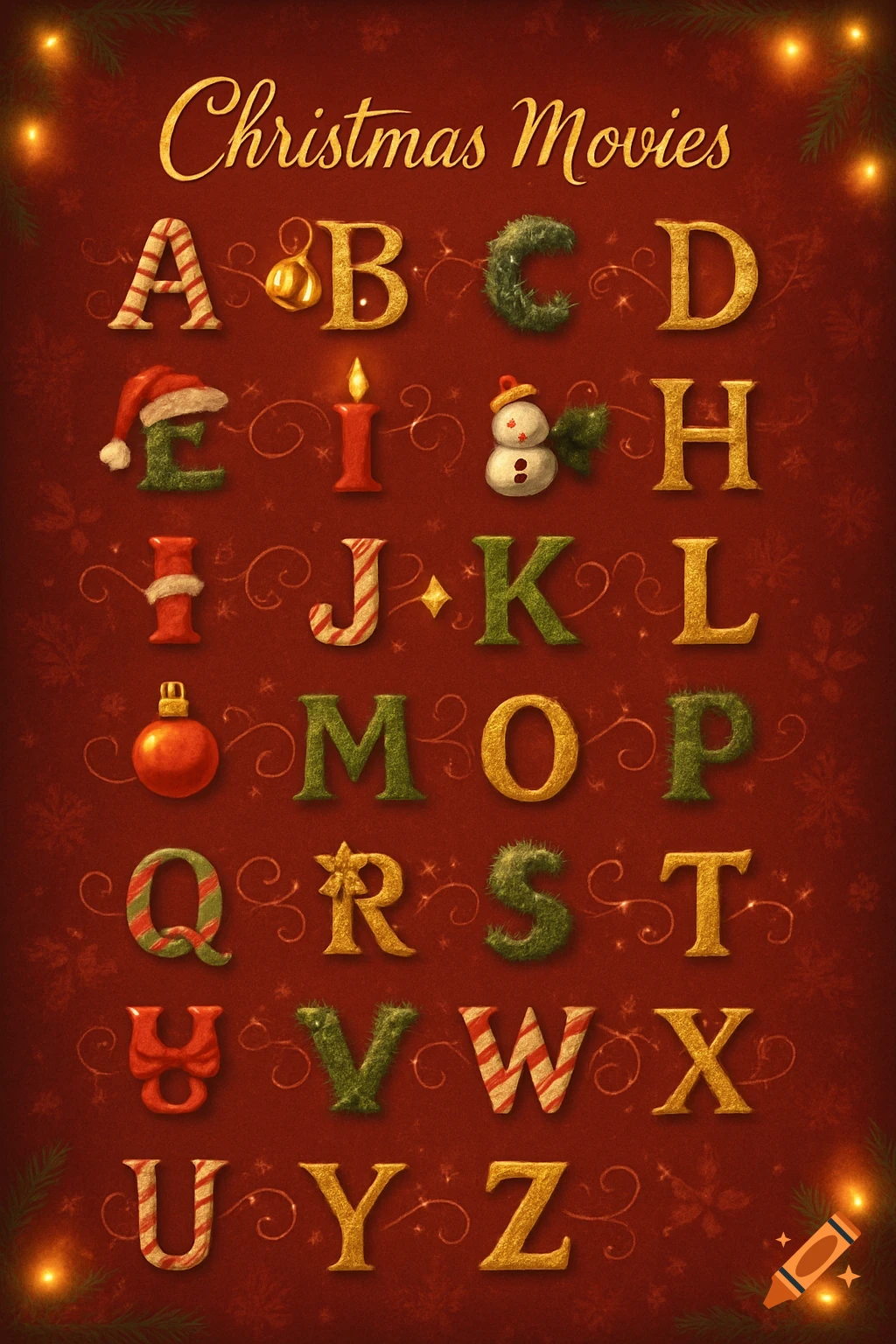 A festive ABC list for Christmas Movies with each letter uniquely decorated for the holidays on a red, snowy background.