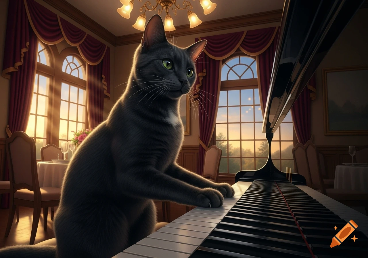 A photorealistic black cat with green eyes sits at a grand piano in an elegant room with large windows and a sunset outside.