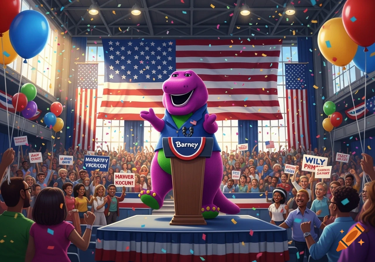 Barney the purple dinosaur in a suit stands at a podium in front of a large American flag and cheering crowd, with balloons and confetti, at a political rally.
