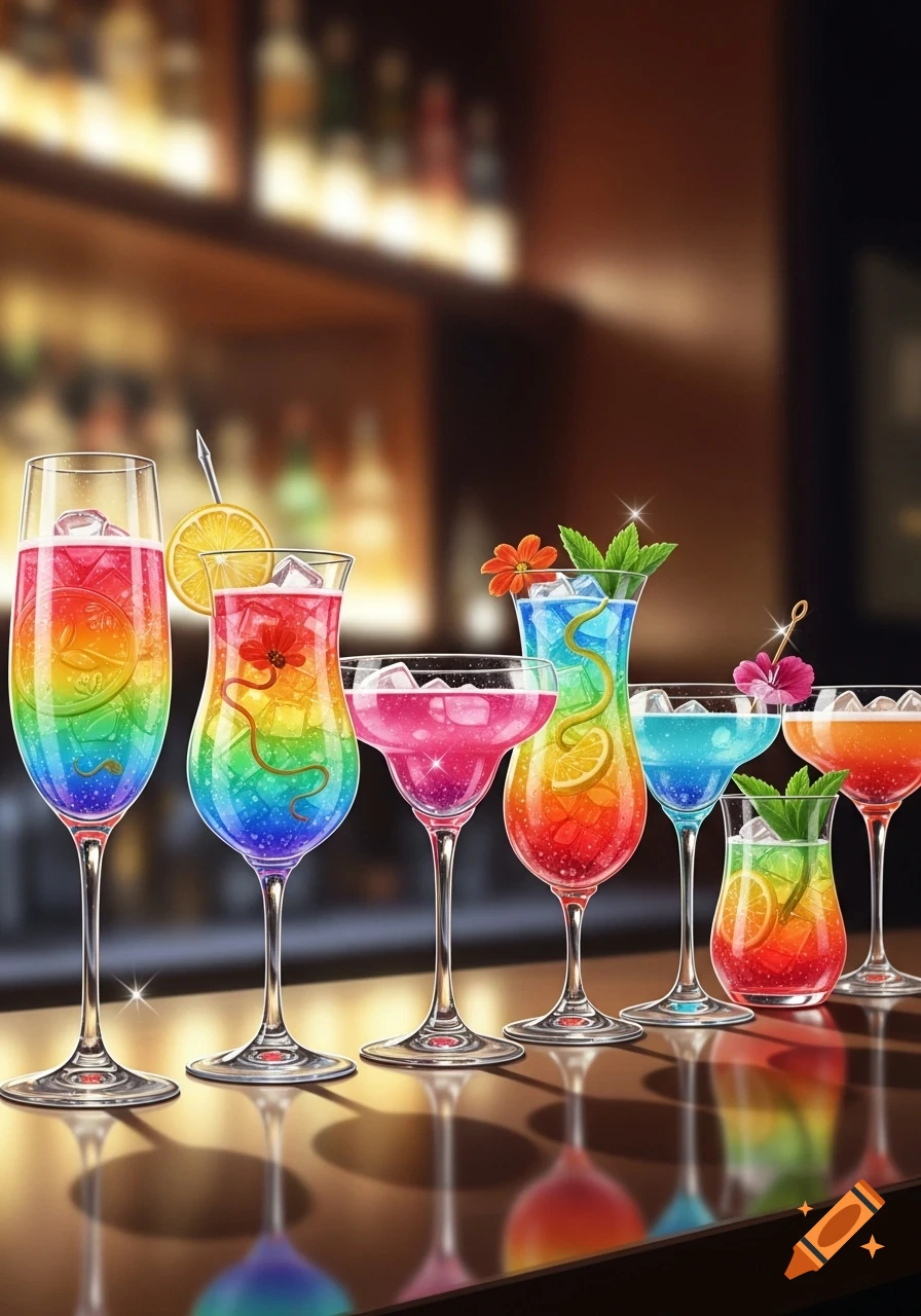 A row of vibrant, rainbow-colored cocktails in various glasses lined up on a reflective bar counter with a blurred background.