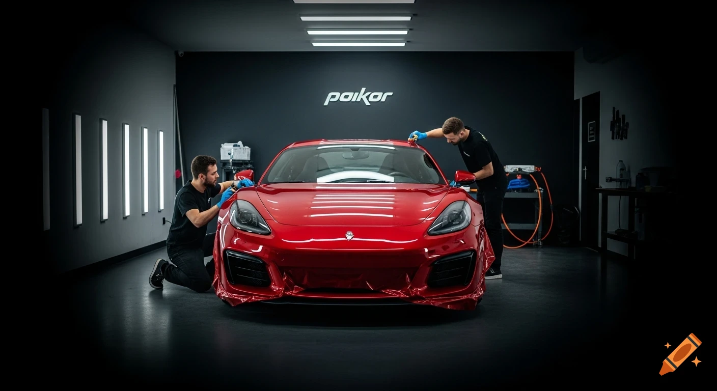 Two men in a professional, dark workshop applying a red wrap to a shiny red sports car, with a 'paikor' logo on the back wall.