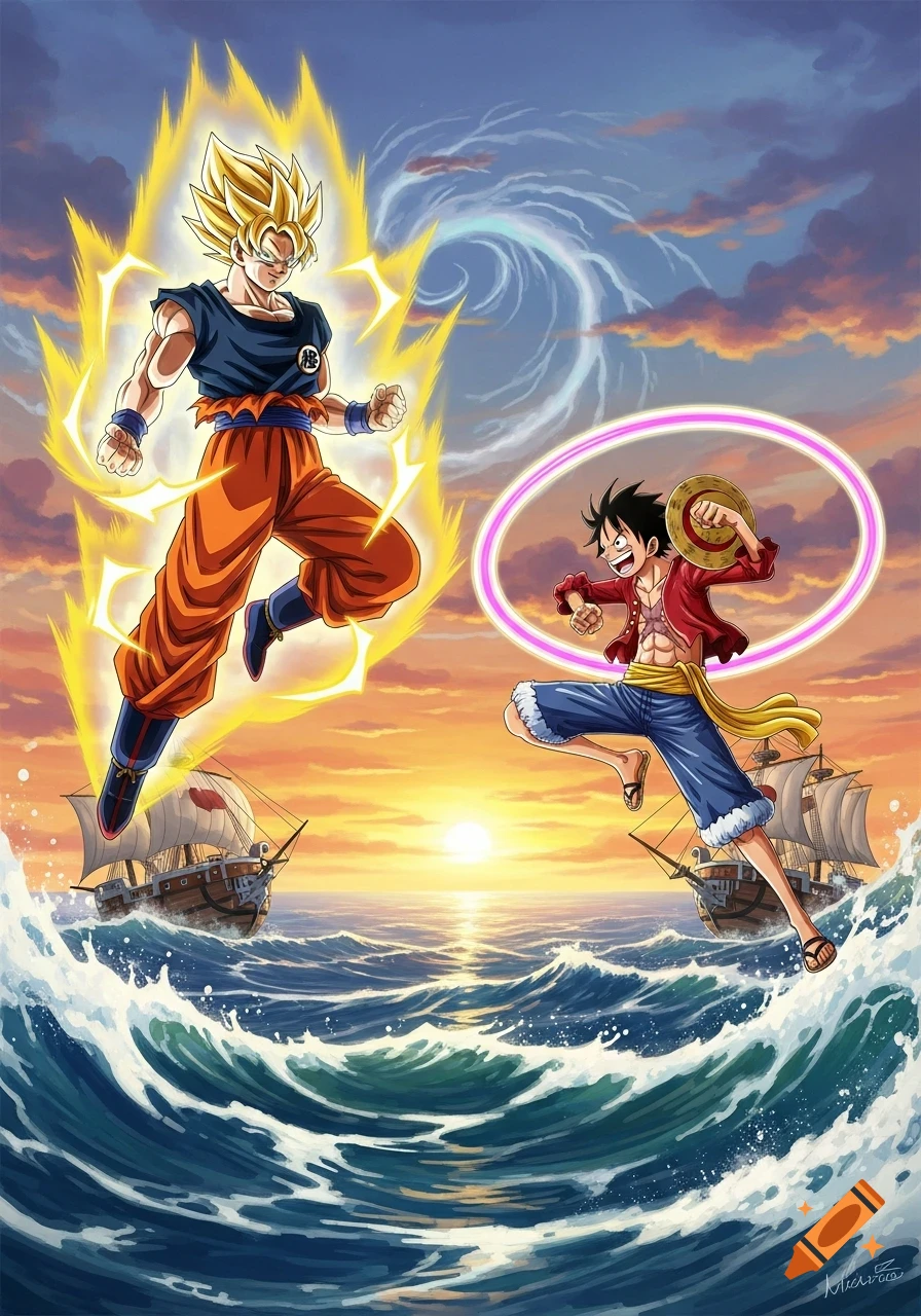 Goku as Super Saiyan and Luffy in a fighting pose over a stormy sea with ships, against a sunset sky in anime style.