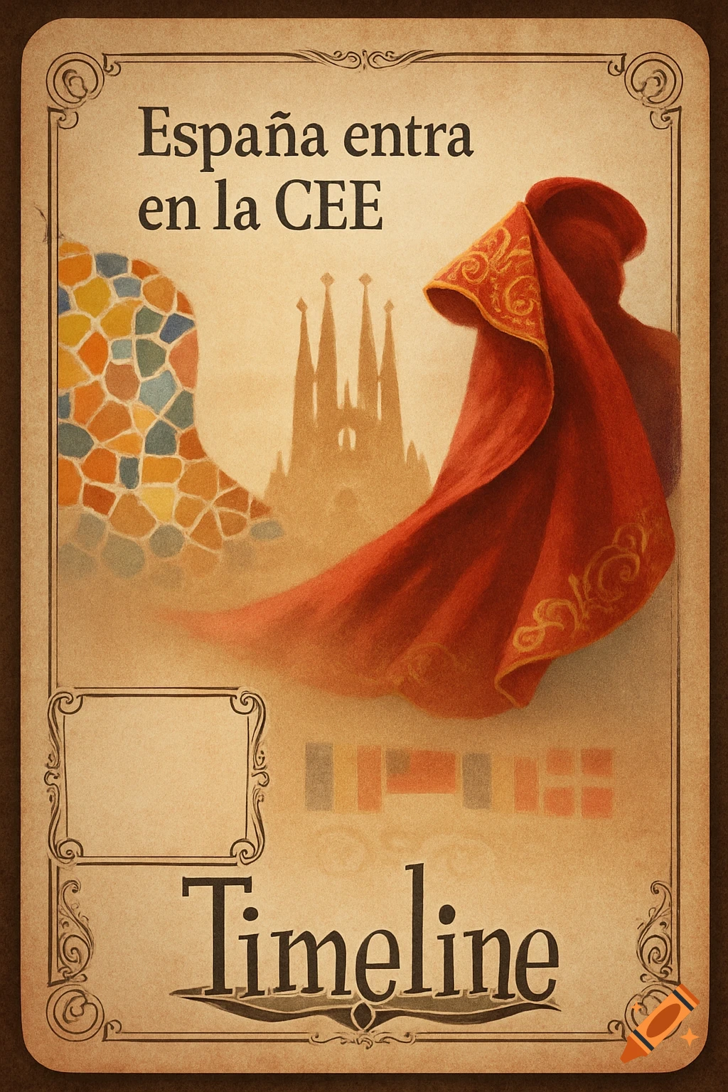 Vintage poster for a Timeline game card, reading 'España entra en la CEE', featuring a Sagrada Familia silhouette, mosaic, and red fabric.