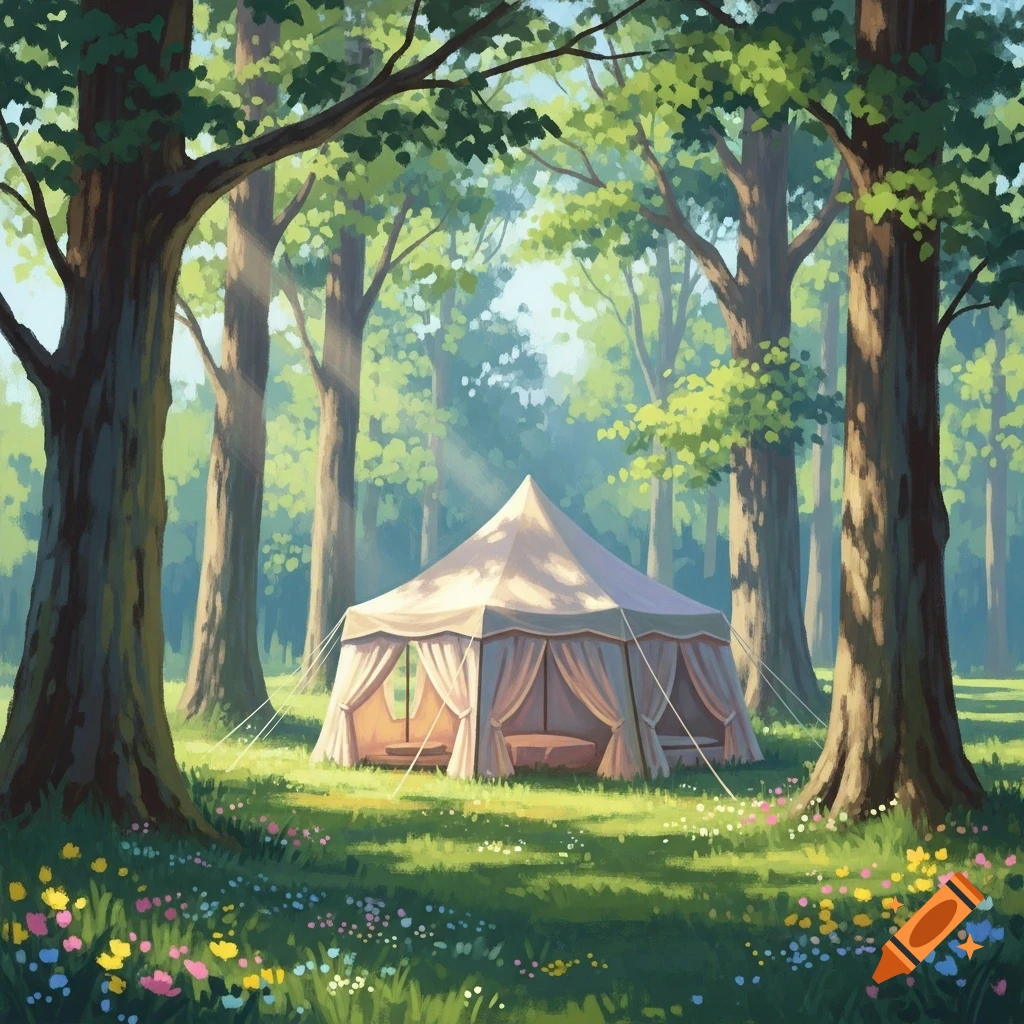An impressionistic painting of a white canopy tent nestled in a sunlit forest clearing with wildflowers.