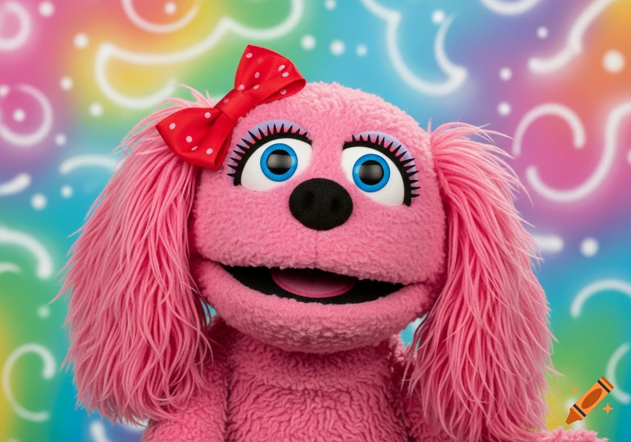 A close-up of a pink puppet with blue eyes, a black nose, and a red polka-dotted bow, on a soft, rainbow-colored background.