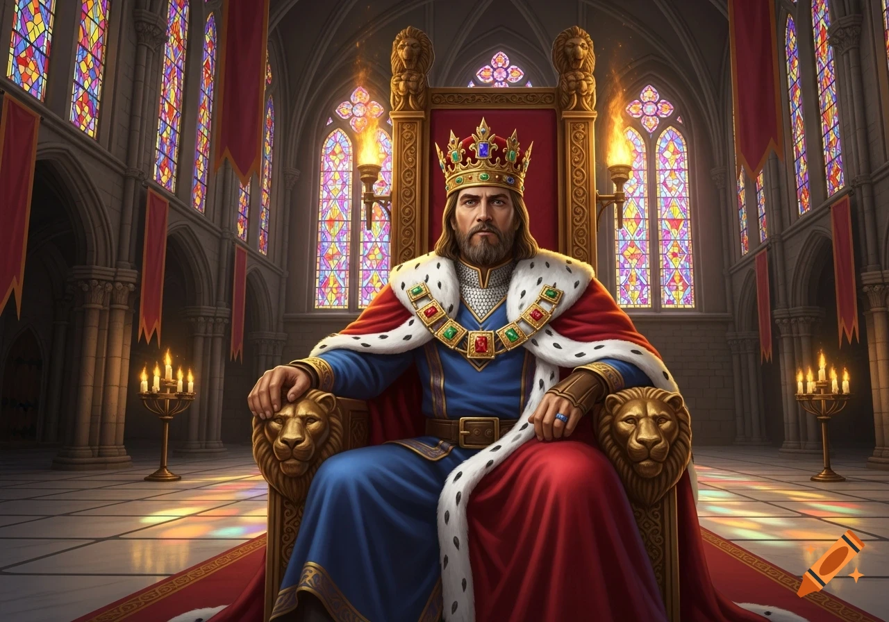 A majestic king with a beard and a golden crown sits on an ornate throne in a grand hall with colorful stained glass windows.