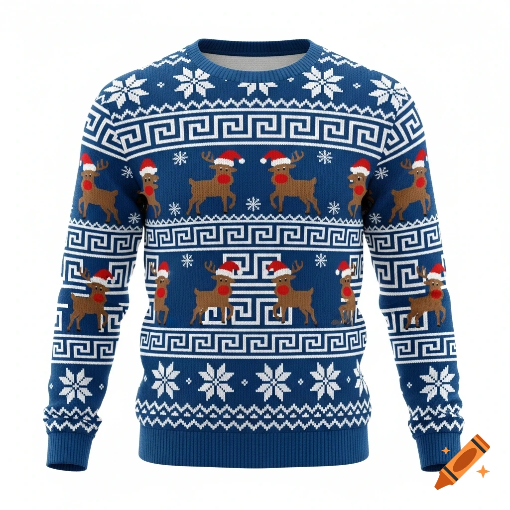 A blue Christmas sweater with white Greek key patterns, reindeer in Santa hats, and white snowflakes. It has a knitted texture.