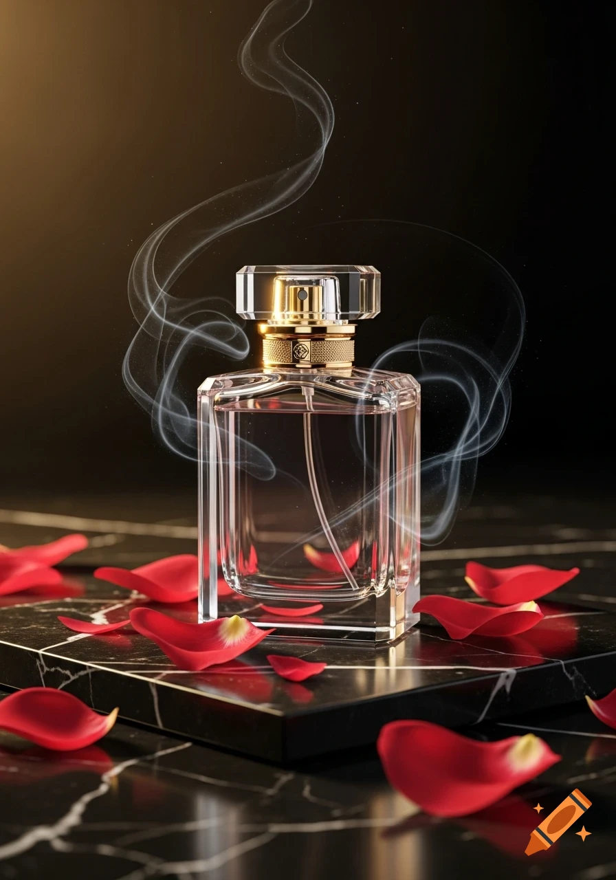 A photorealistic close-up of a clear glass perfume bottle with a gold cap, surrounded by red rose petals and wisps of smoke, on a dark marble surface.