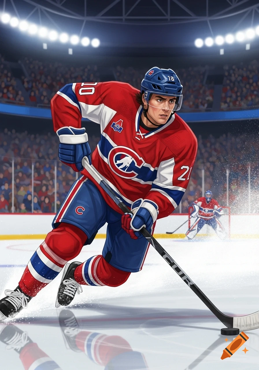 A hockey player in a red, white, and blue Montreal Canadiens jersey skates on ice in an arena, with a goalie in the background.