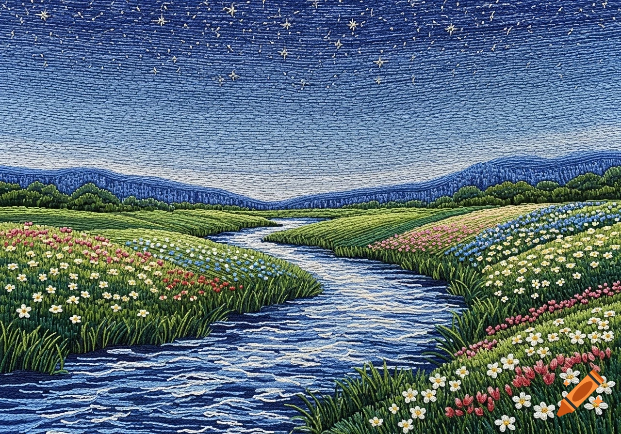 Sashiko embroidery of a river winding through flower-filled meadows under a starry night sky.