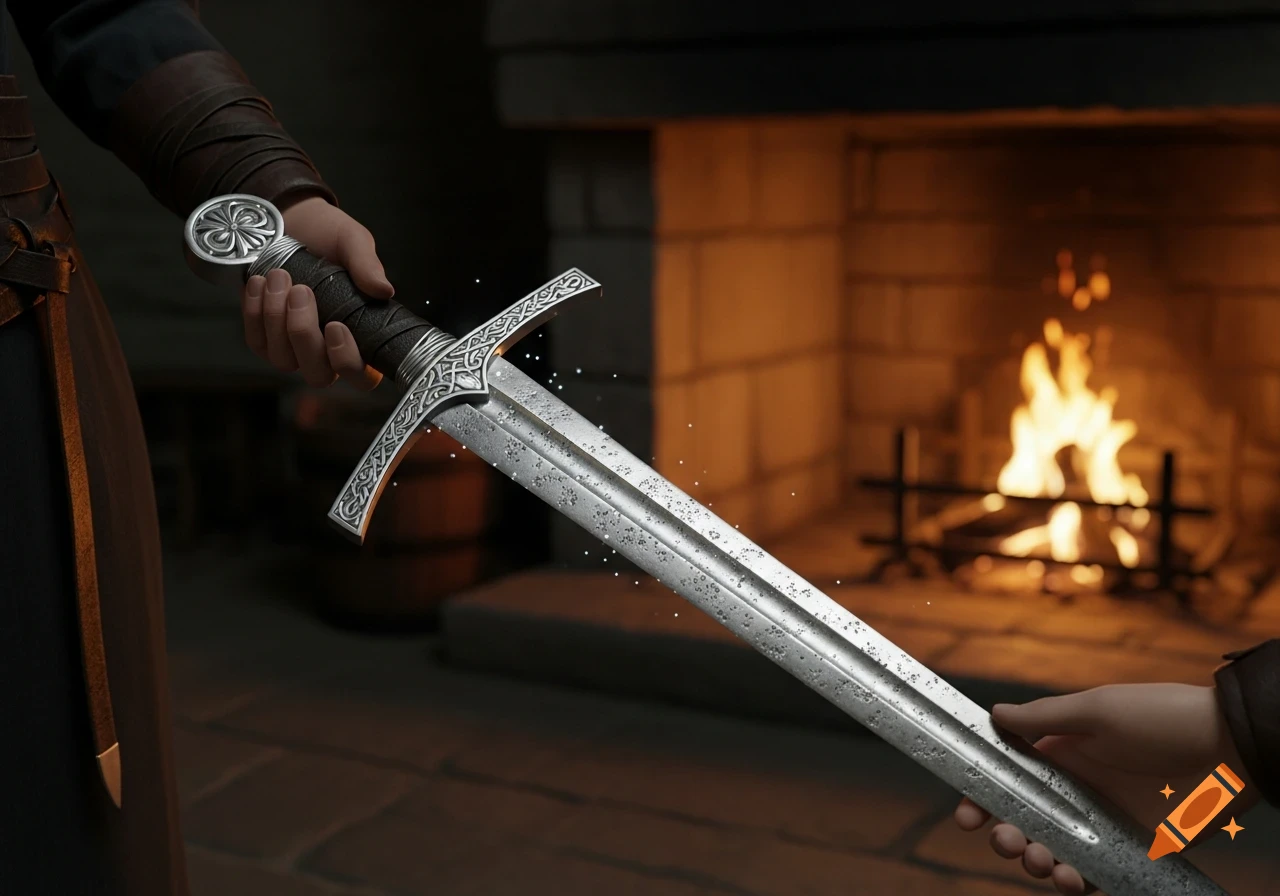 Two hands exchange an ornate, gleaming sword with a detailed hilt and crossguard, set against a warm, flickering fireplace.