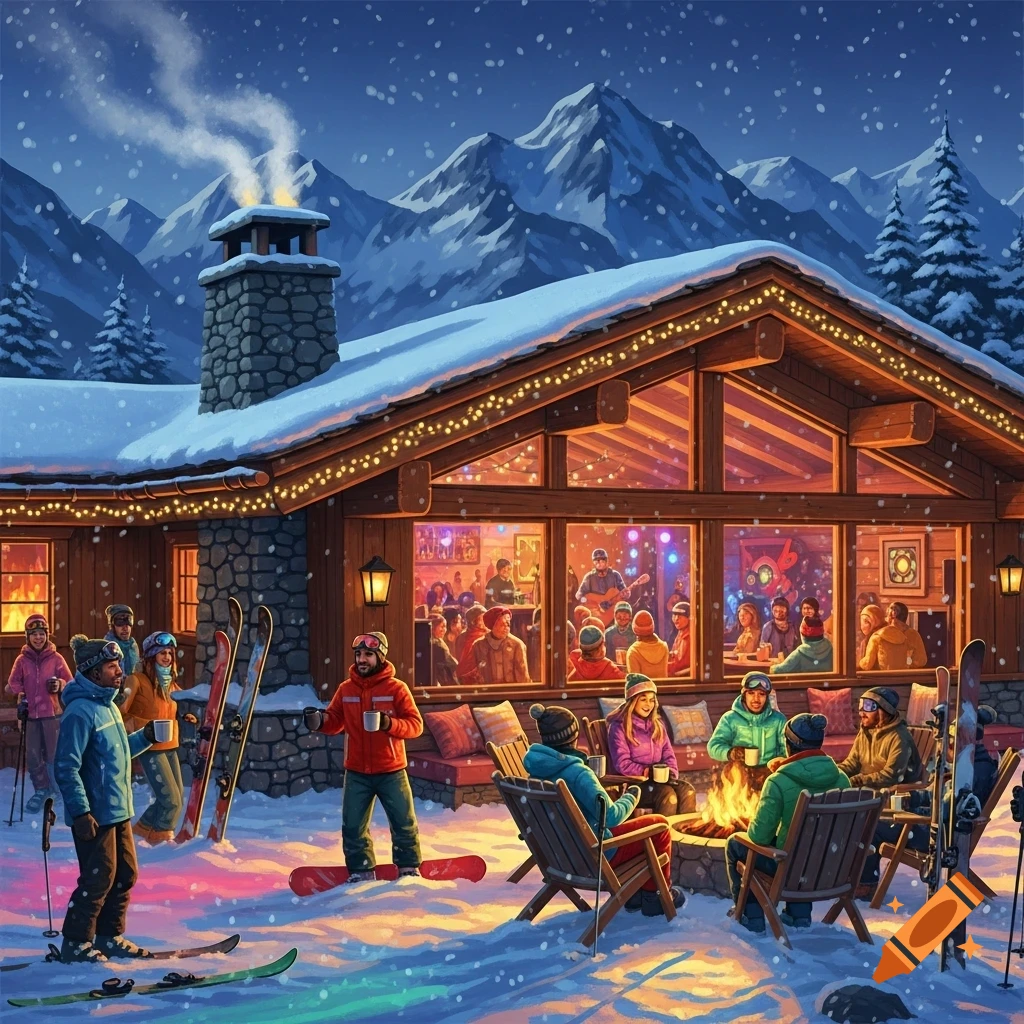Illustrated winter scene of a lively ski lodge at night, with people enjoying apres-ski outdoors by a fire and indoors.