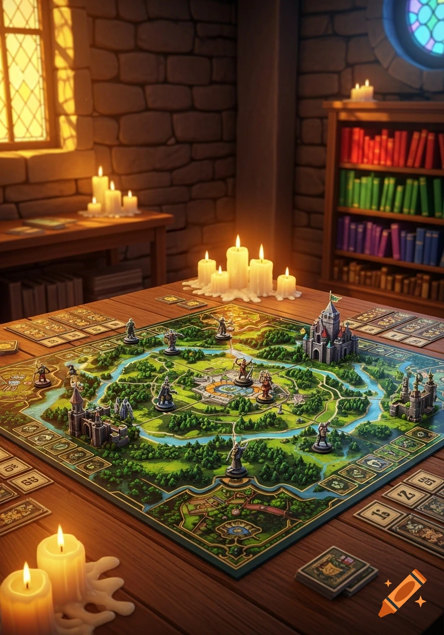 A fantasy board game with miniature castles and figures on a wooden table, lit by warm candlelight in a stone room with a bookshelf.
