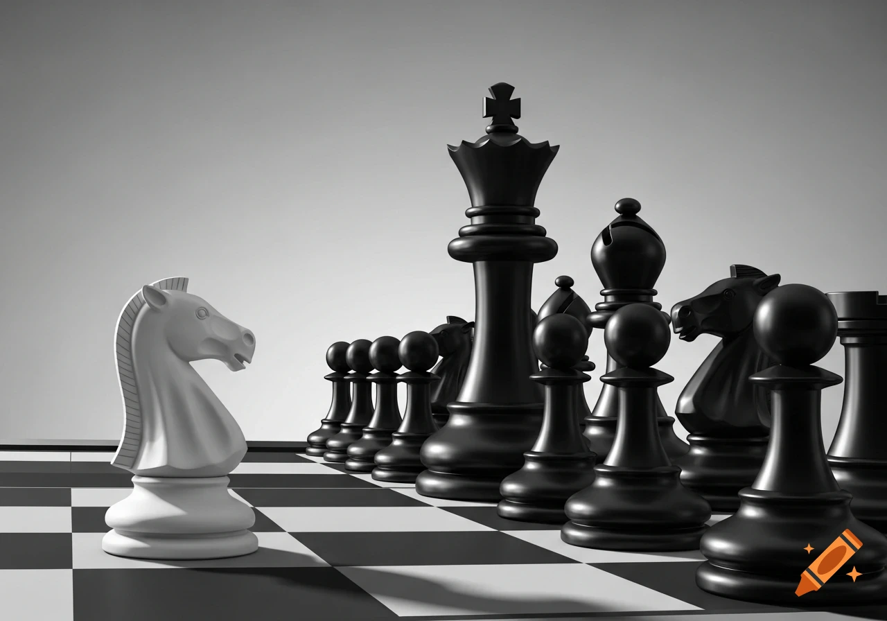 A white knight chess piece stands prominently on a chessboard, facing a line of black chess pieces including a large king, against a gray background.