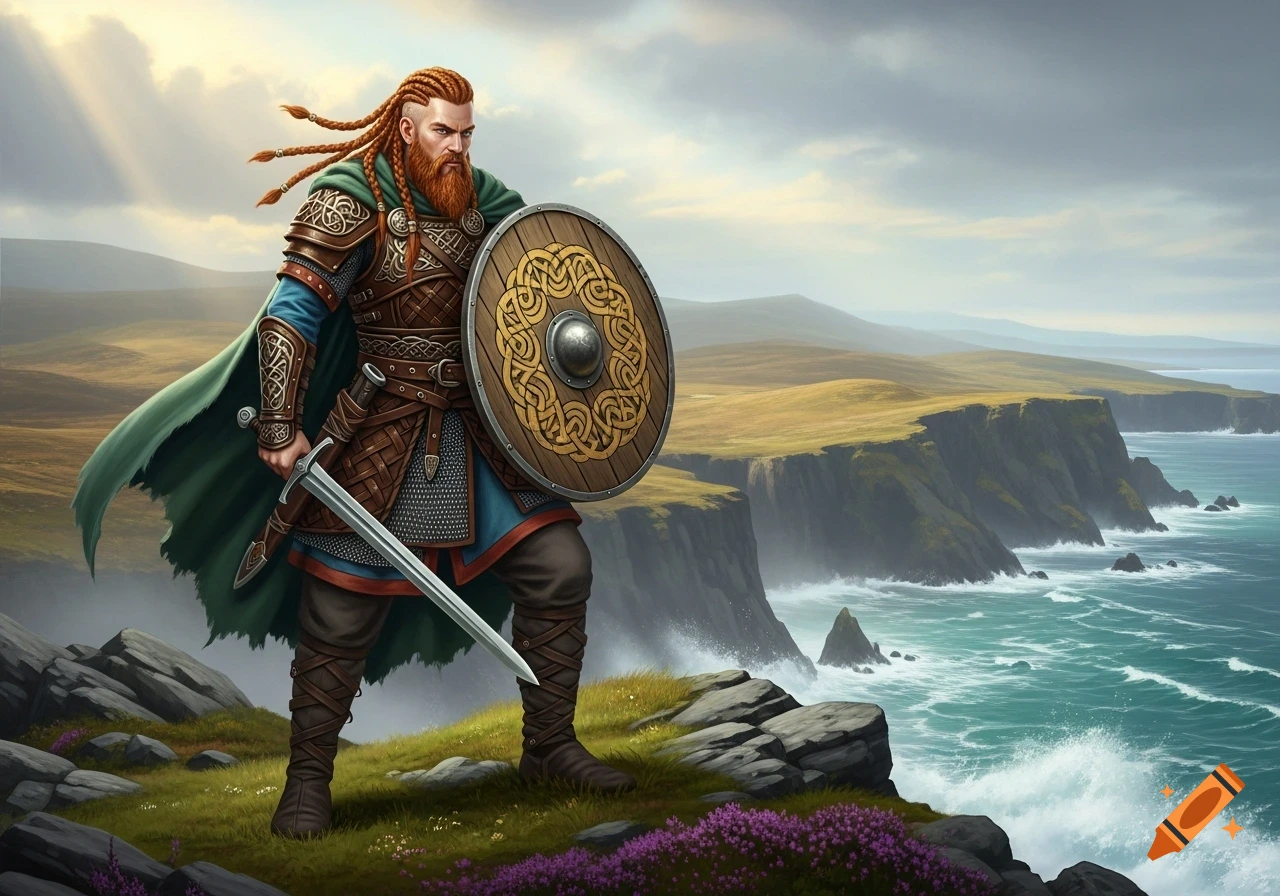 A red-haired, bearded viking warrior in intricate armor, holding a sword and a Celtic shield, stands on a green cliff overlooking a stormy ocean.
