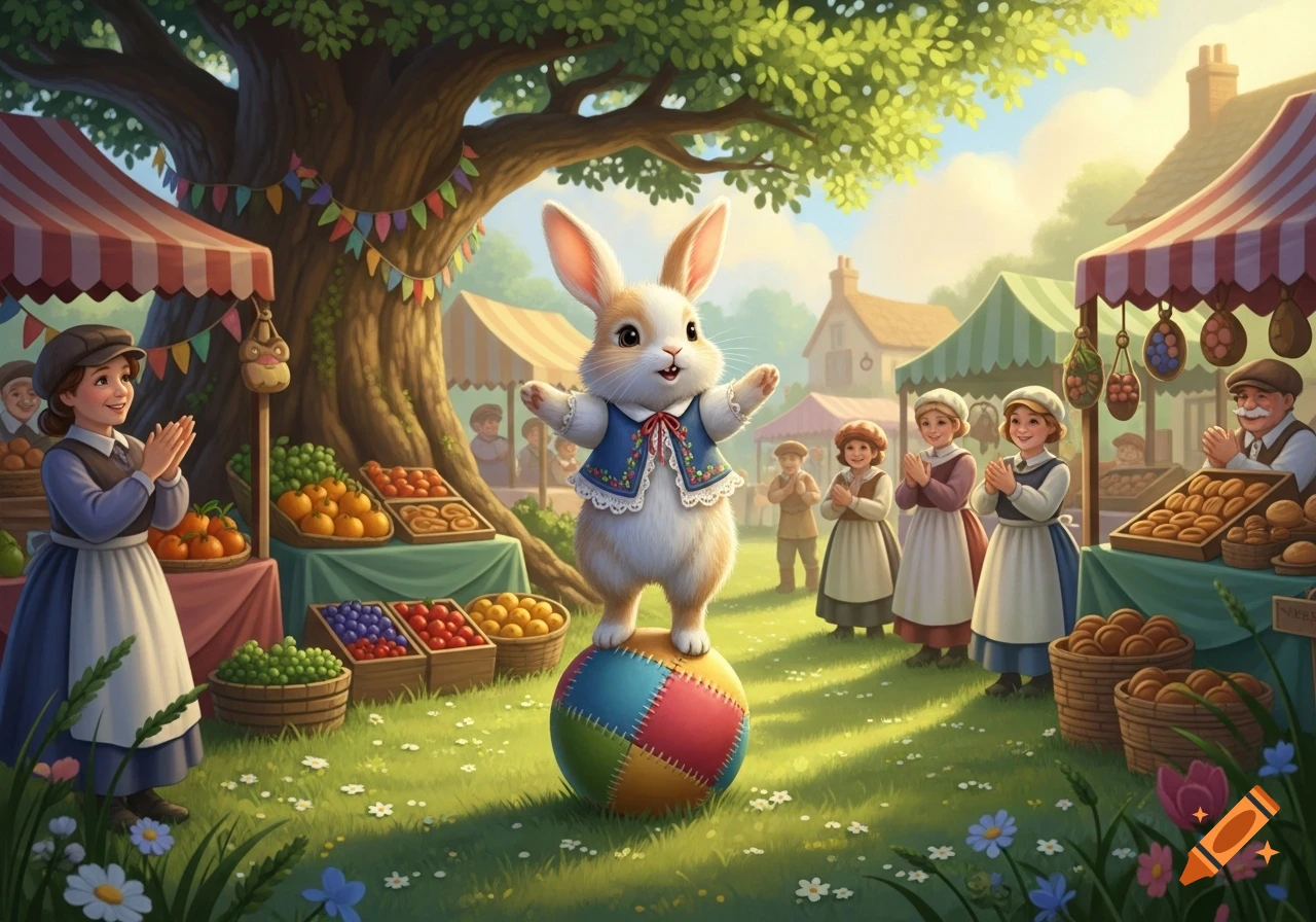 A cute bunny in a blue vest balances on a colorful ball at a bustling fairytale village market with villagers watching.