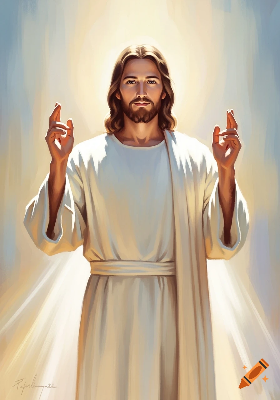 Impressionistic portrait of Jesus Christ with brown hair, beard, light robes, blessing hands, and a bright, radiant background.