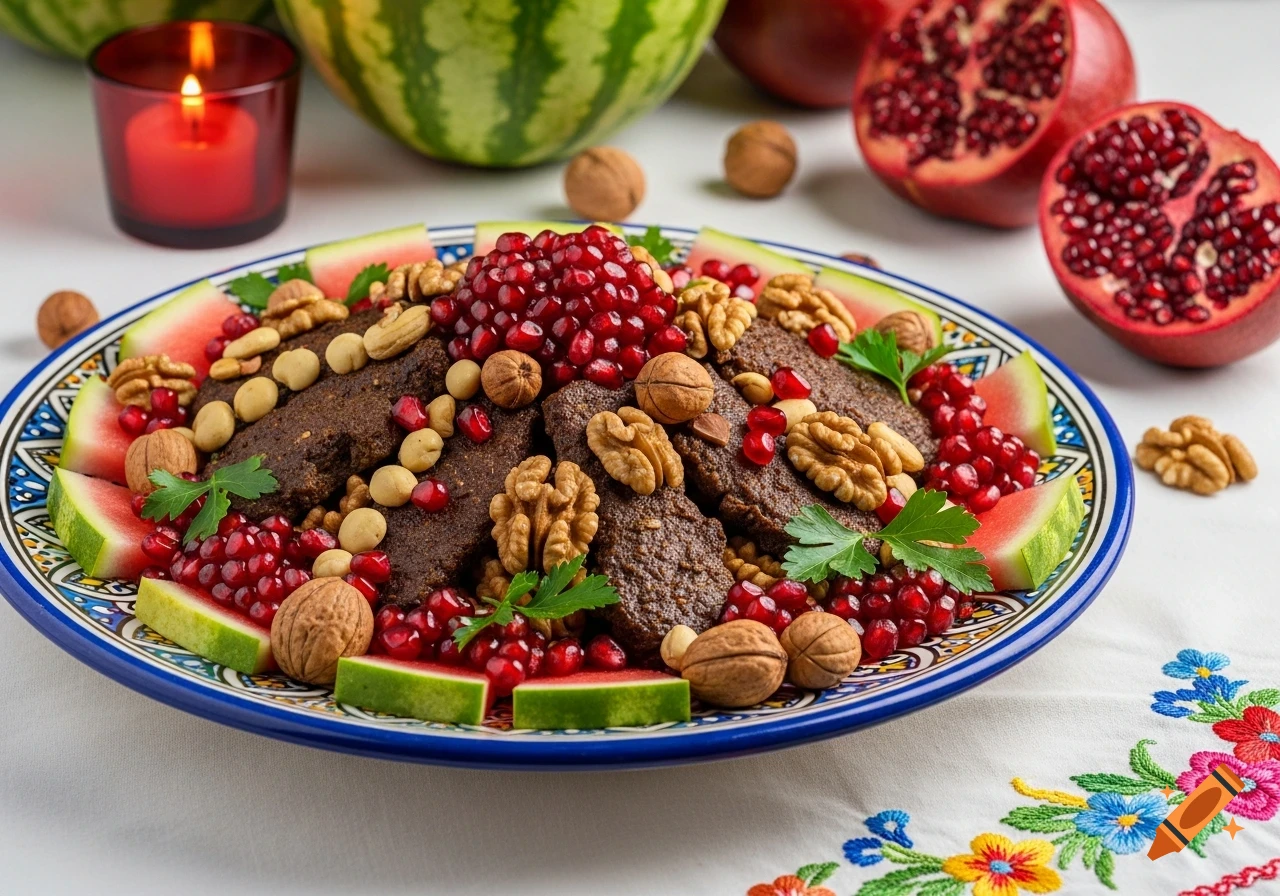 A traditional Ebi Qalam dish on a patterned plate, garnished with walnuts, hazelnuts, pomegranate seeds, watermelon, and parsley, with a candle and fruit in the background.
