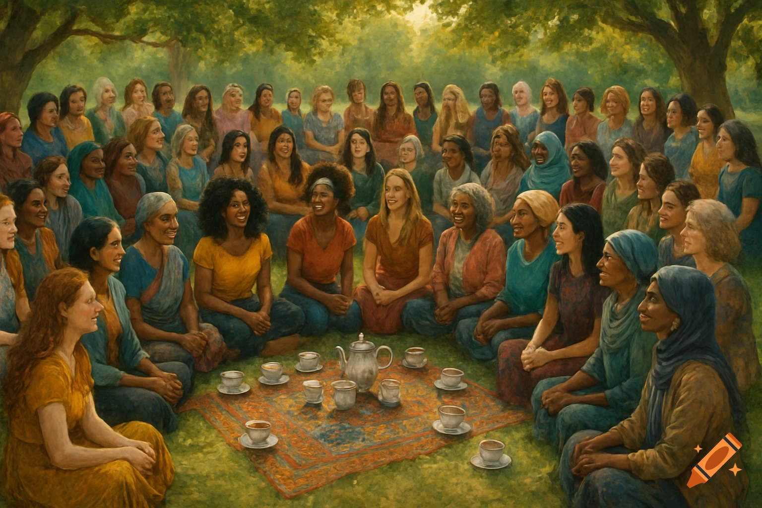 A painterly image of a large, diverse group of women sitting in a circle on a grassy lawn, laughing and having tea.