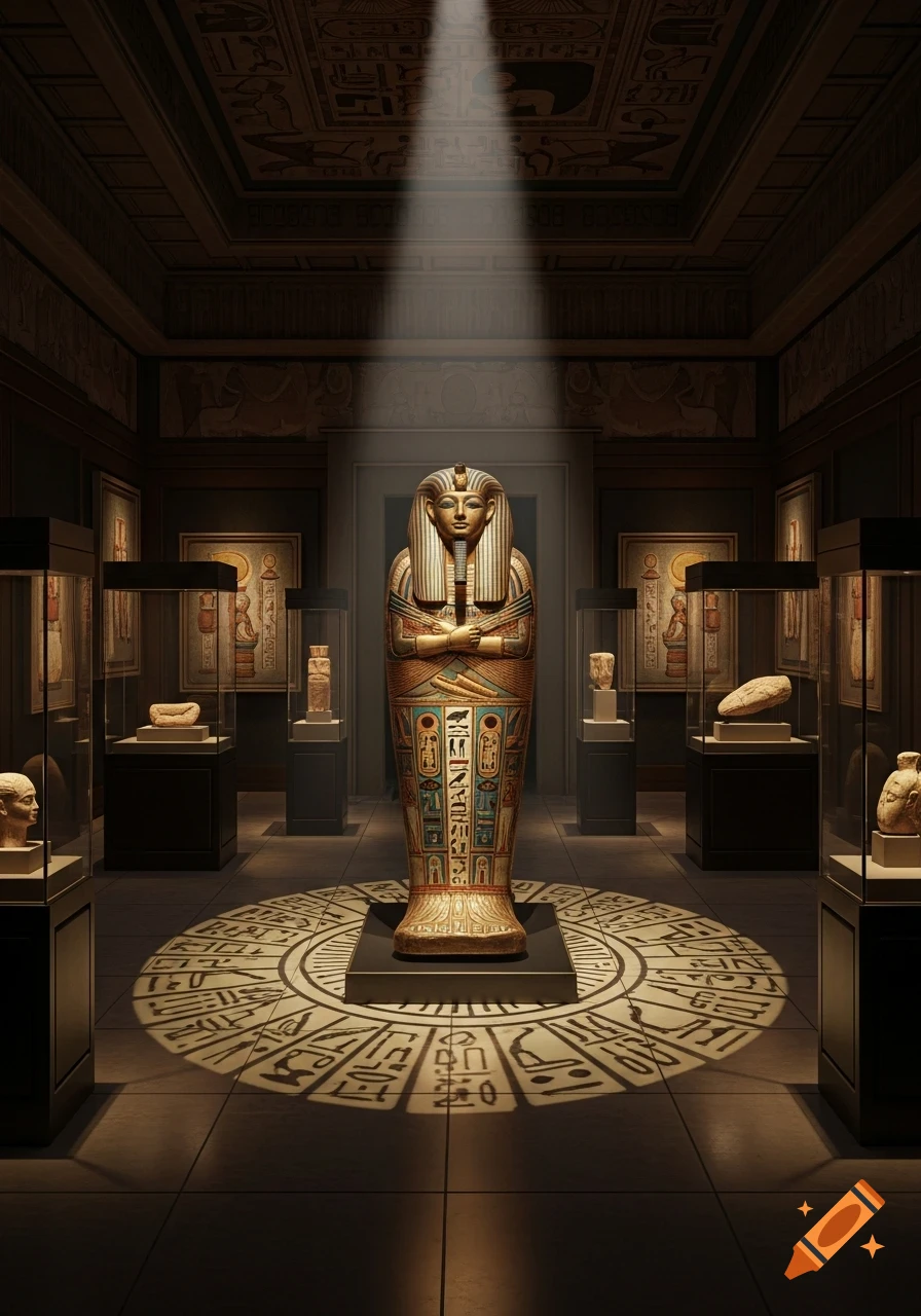 A golden Egyptian sarcophagus stands centered in a dimly lit museum hall, illuminated by a spotlight, with hieroglyphics projected on the floor.