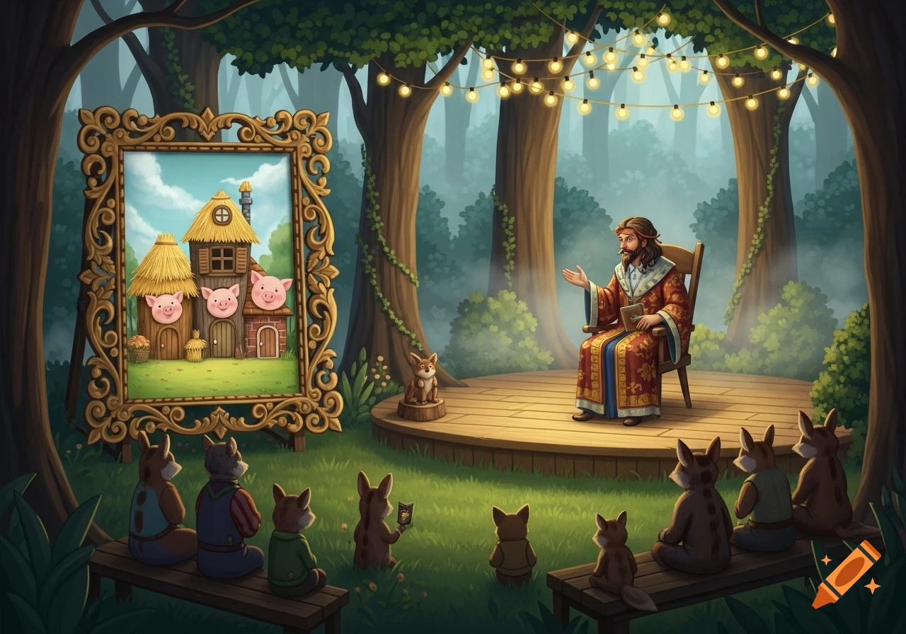 A man tells the story of the Three Little Pigs to an audience of fox-like creatures in an enchanted forest setting with string lights.