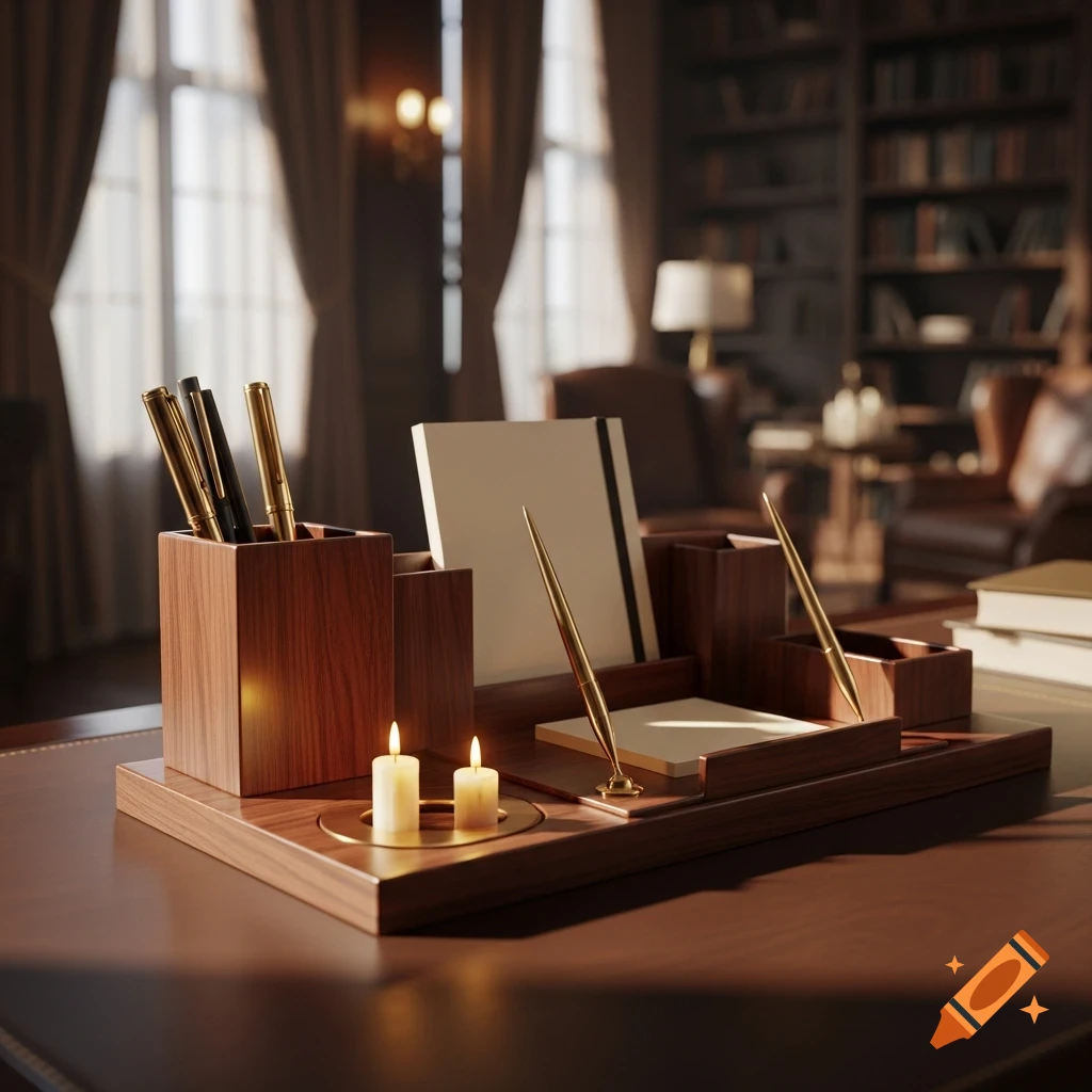 A wooden desk organizer with pens, a notebook, and two lit candles on a brown desk in a dimly lit office.