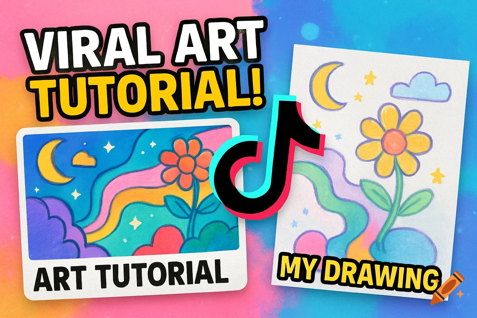 A colorful YouTube thumbnail concept with a "VIRAL ART TUTORIAL!" heading, showing two drawings (one labeled "ART TUTORIAL", one "MY DRAWING") and the TikTok logo.