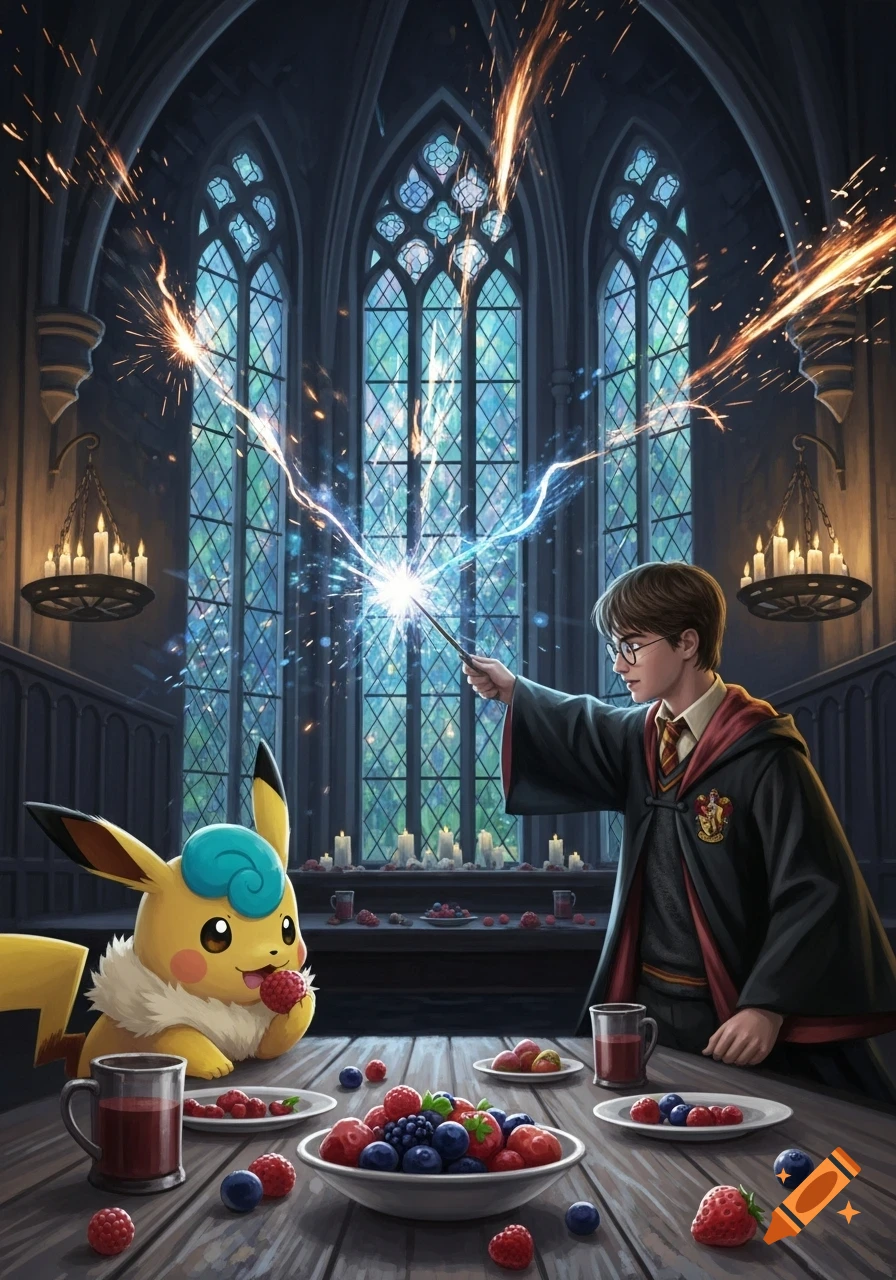 Harry Potter casts a spell in a gothic hall with large windows, while a fluffy Pichu eats berries at a wooden table filled with fruit.