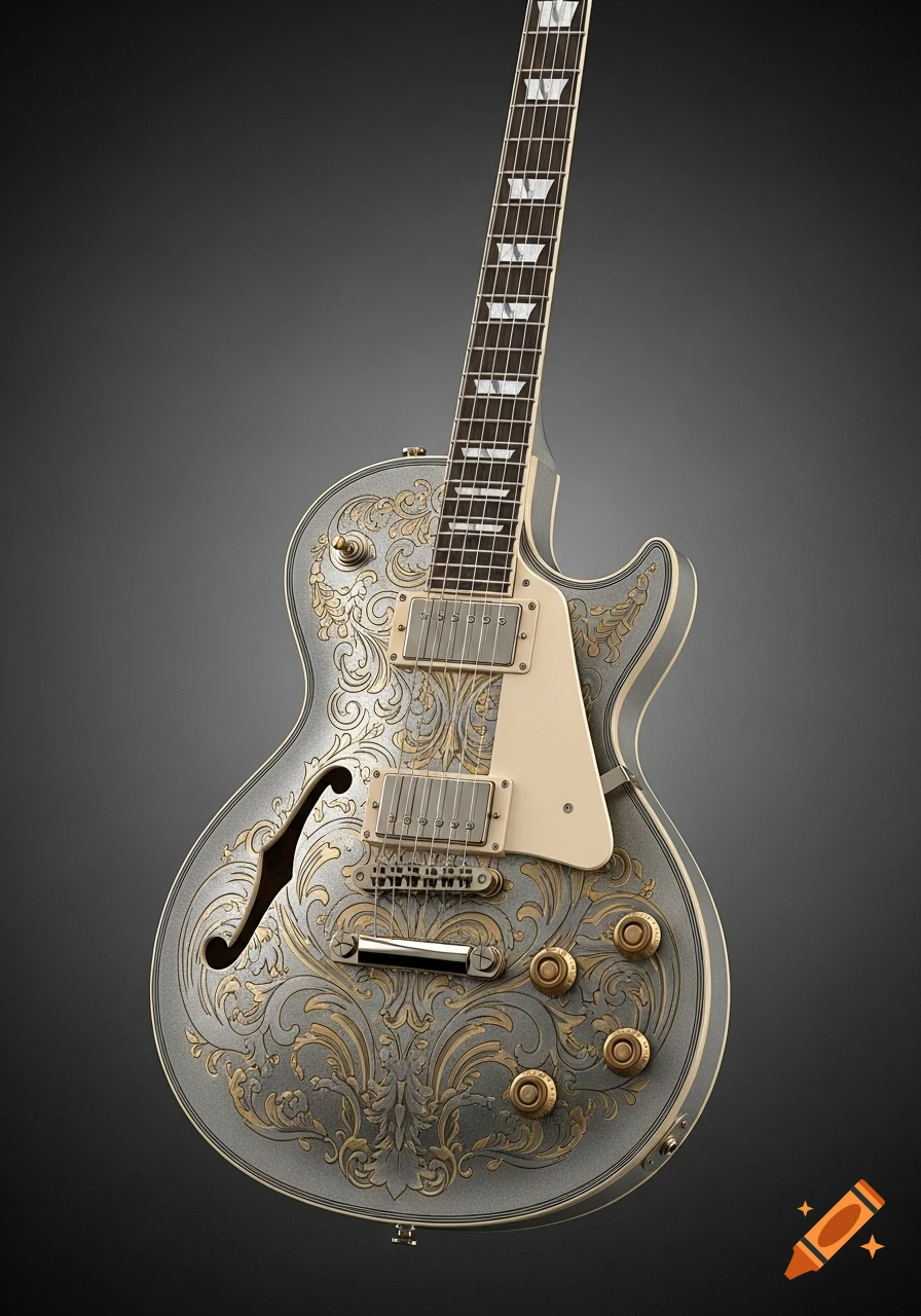 Ornate silver and gold electric guitar with intricate filigree designs, standing against a dark grey background.