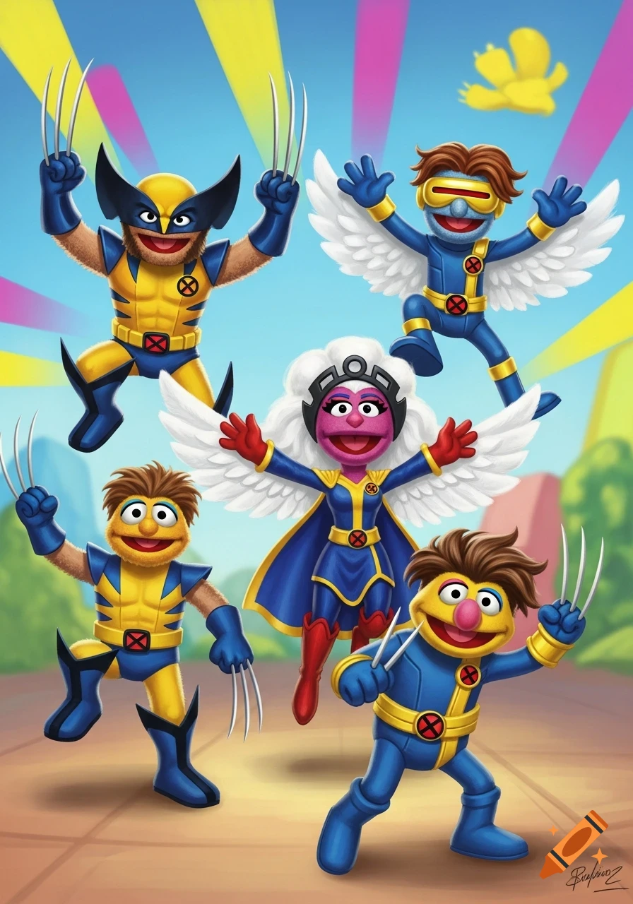 Five Muppet-like characters dressed as X-Men superheroes Wolverine, Cyclops, and Storm, posing in a vibrant, cartoon style.