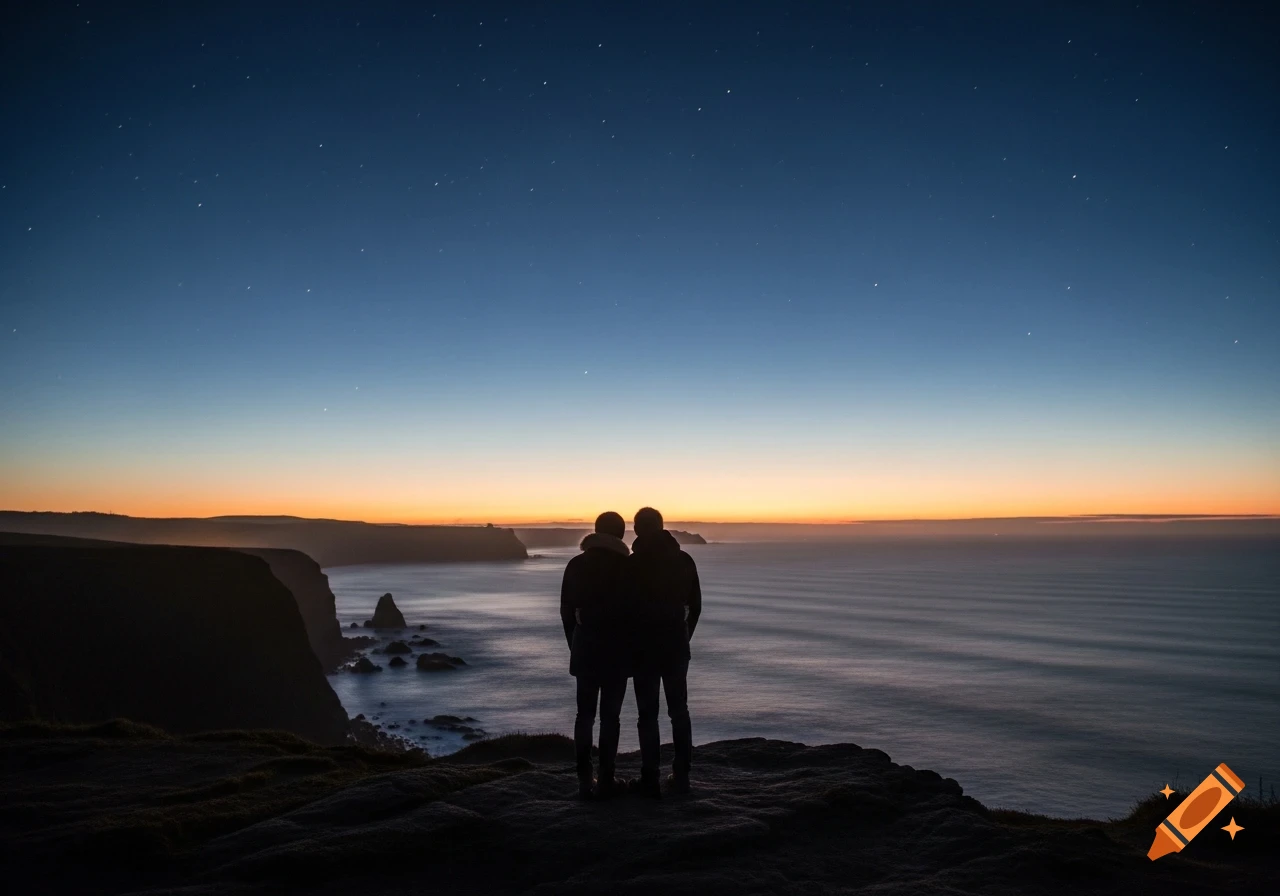 Two people stand silhouetted on a cliff overlooking the ocean at dusk, with a starry night sky above a glowing horizon.