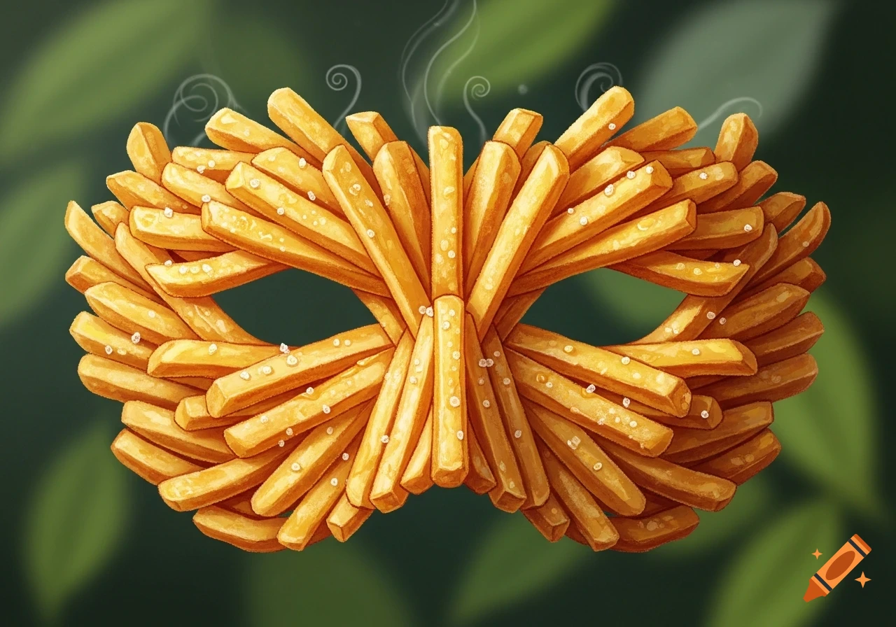 A stylized mask crafted from golden french fries with visible salt, emitting subtle steam, set against a blurred green background.