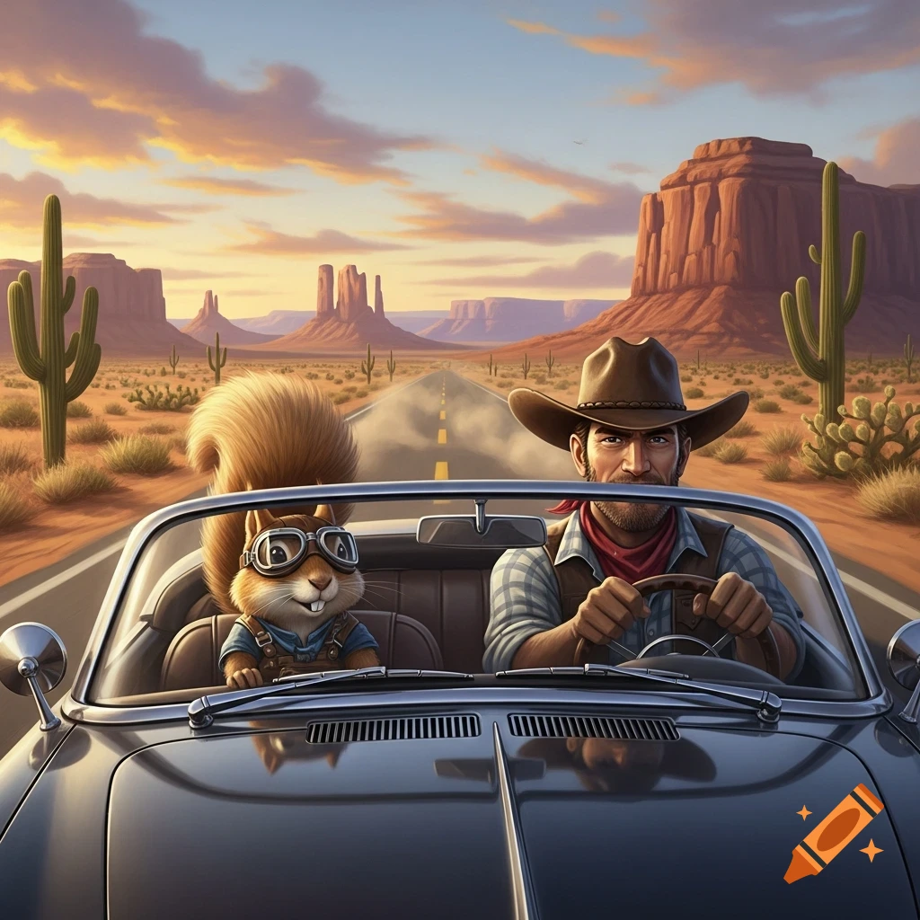 A stylized illustration of a cowboy and a goggled squirrel driving a convertible down a desert road with mesas at sunset.