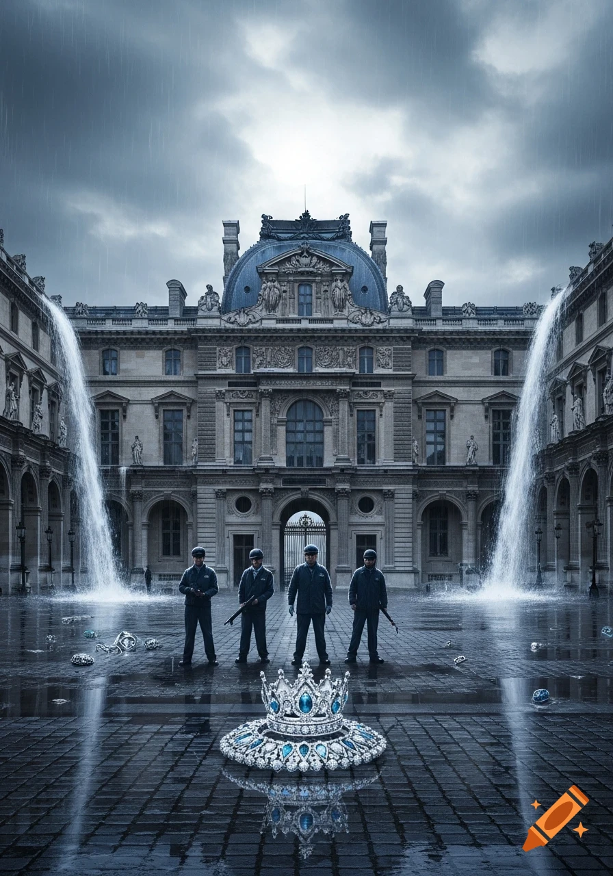 Four figures in dark uniforms stand guard over a large jeweled crown on a wet plaza in front of the Louvre, with massive waterfalls cascading from the building's sides under a stormy sky.