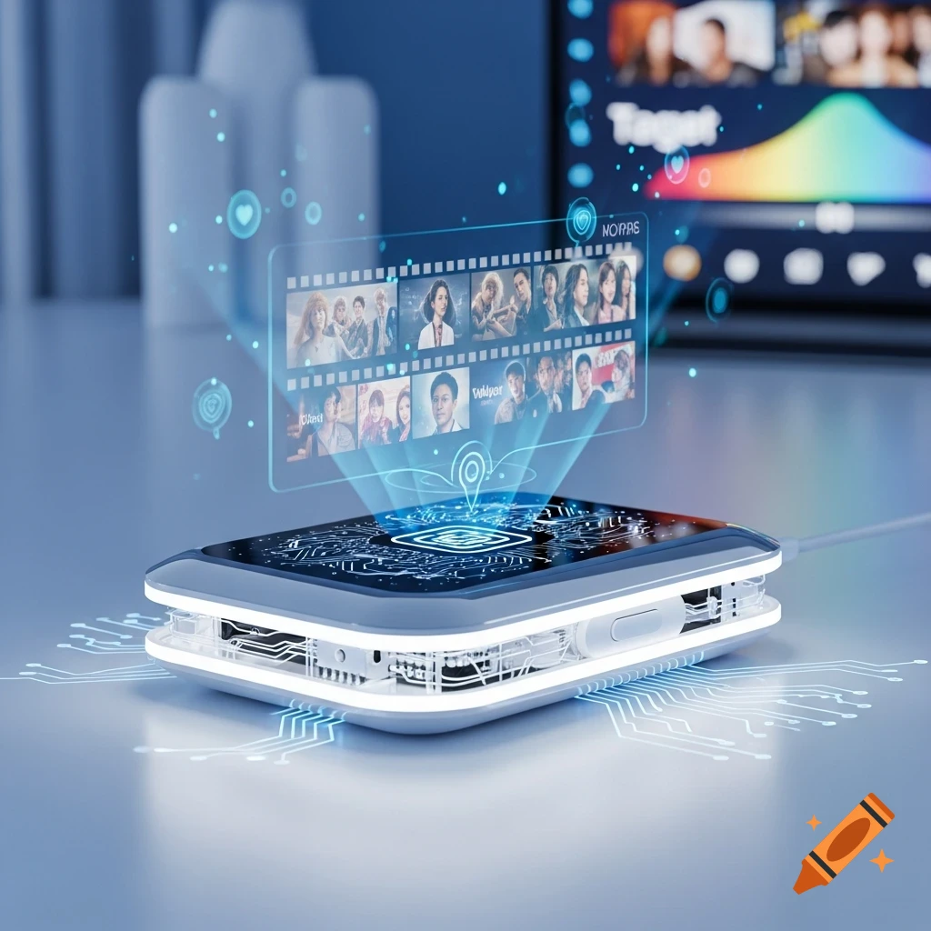 A futuristic white device with exposed internal components projects a blue holographic screen displaying movie thumbnails and glowing circuit patterns.
