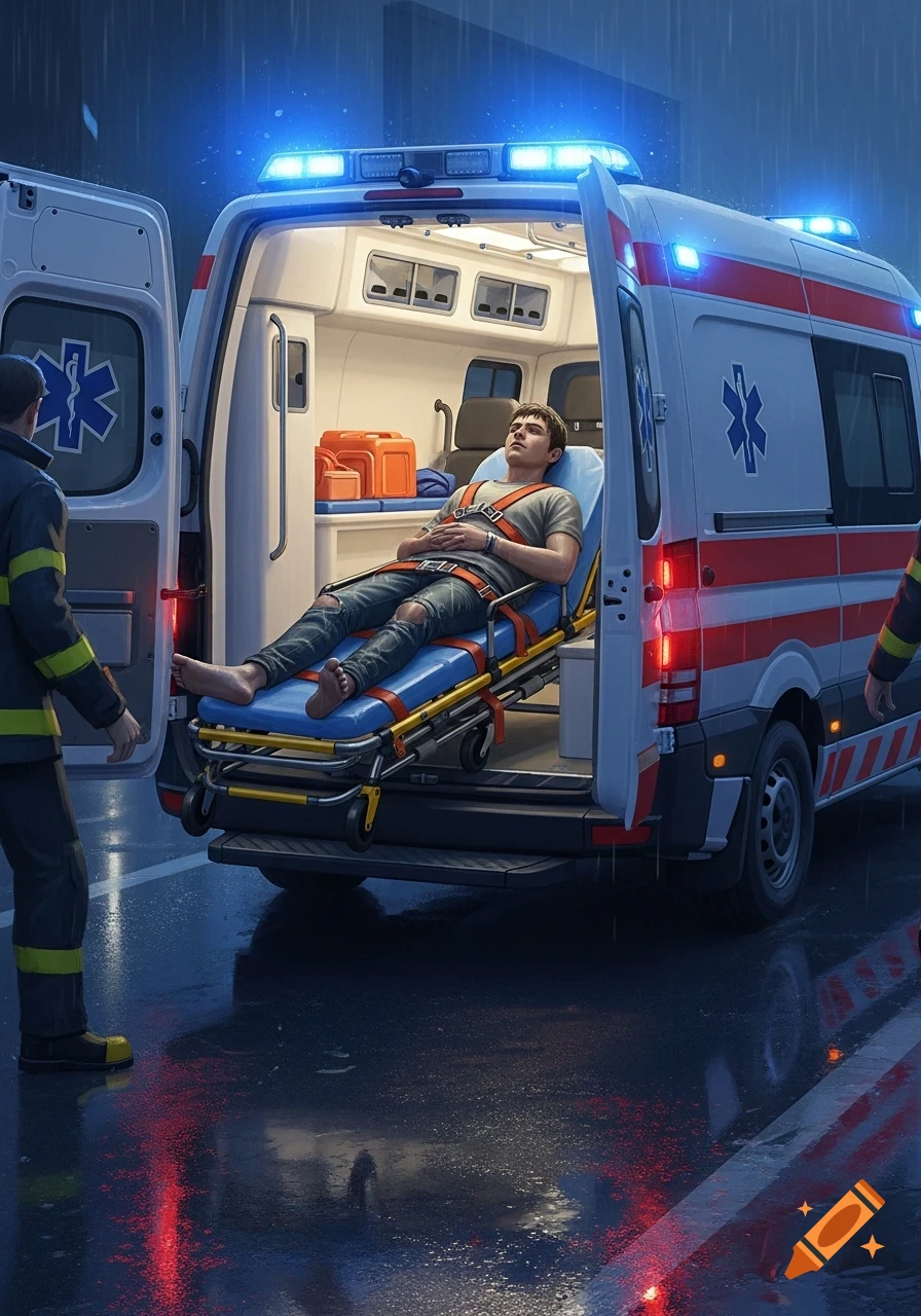 An injured young man in a grey shirt and ripped jeans is strapped onto a stretcher in the back of an ambulance at night while it's raining.