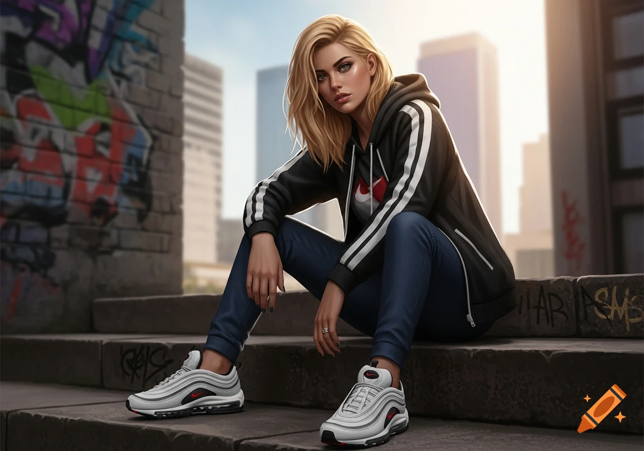 A photorealistic image of a blonde woman in a black hoodie and jeans, wearing Nike Air Max 97 sneakers, sitting on urban steps with graffiti.