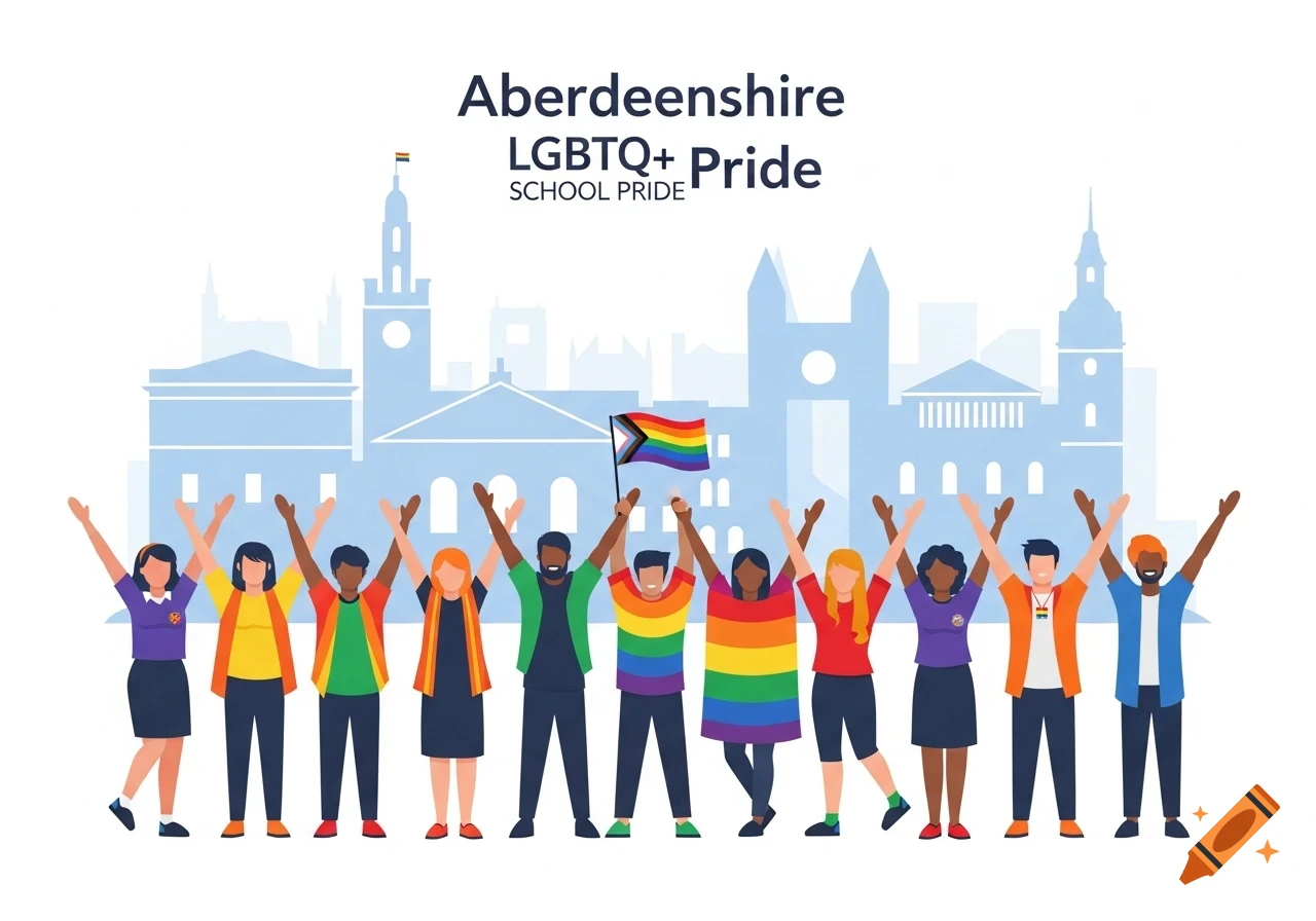 Flat illustration of diverse people celebrating with raised arms and a Progress Pride flag, in front of a blue cityscape, with 'Aberdeenshire LGBTQ+ School Pride' text.