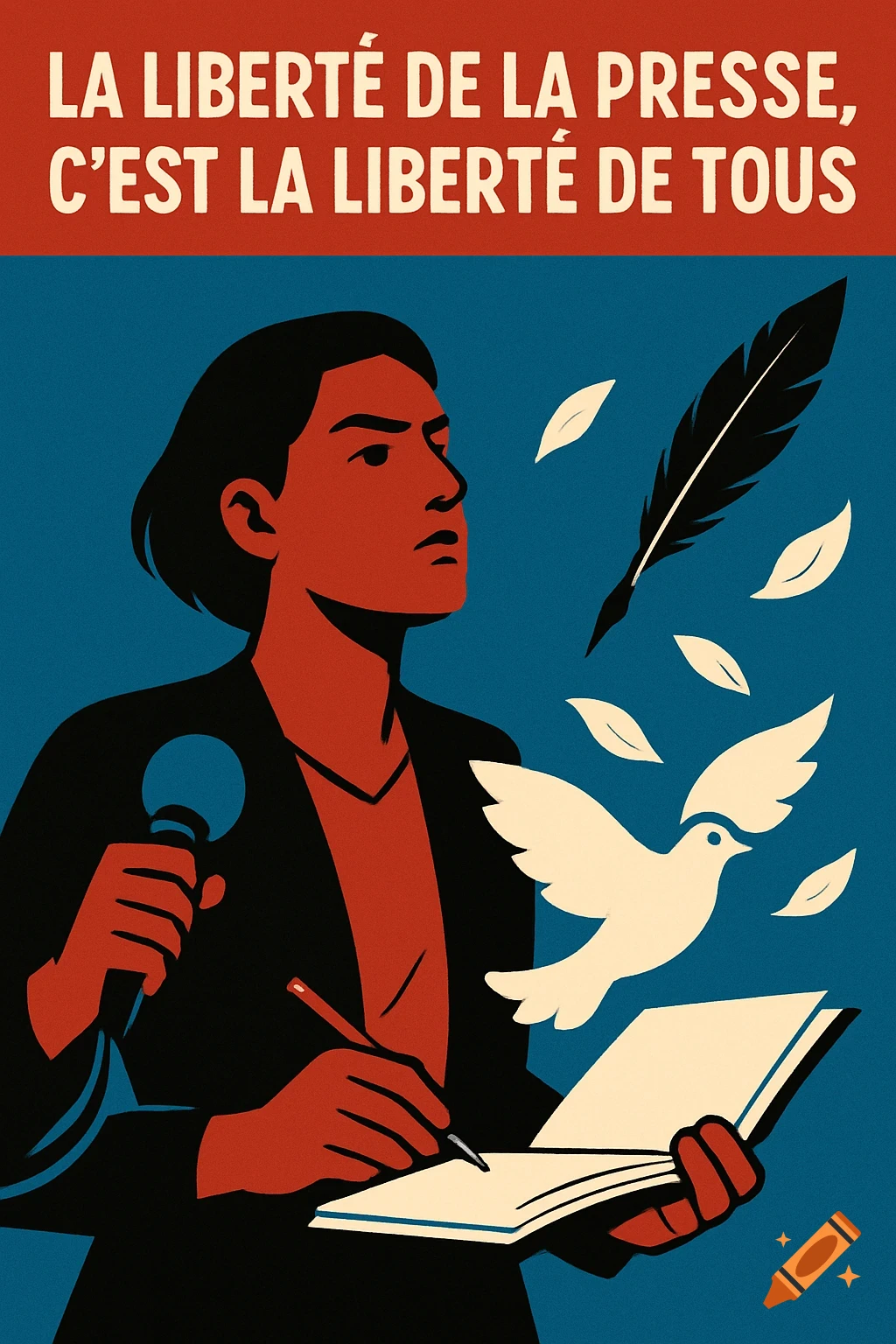 Graphic poster of a journalist holding a microphone and writing, surrounded by a dove, quill, and flying leaves, with text about press freedom.