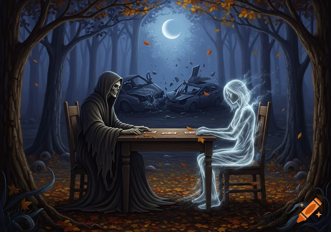 The Grim Reaper and a translucent ghostly figure play cards at a wooden table in a moonlit forest with crashed cars behind them.