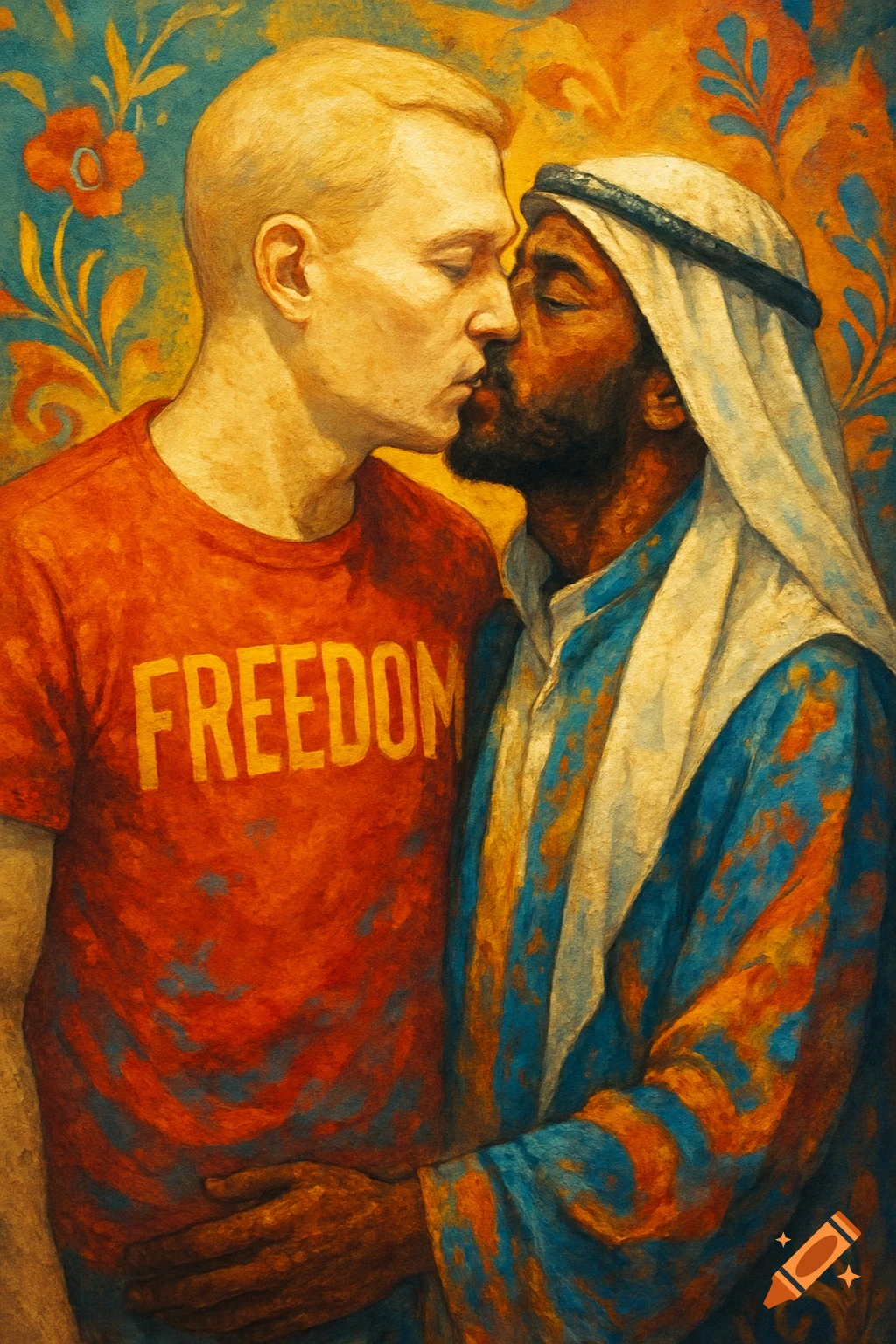 A painterly mural of a white man in a 'FREEDOM' shirt kissing a dark-skinned man in a white and blue head covering.