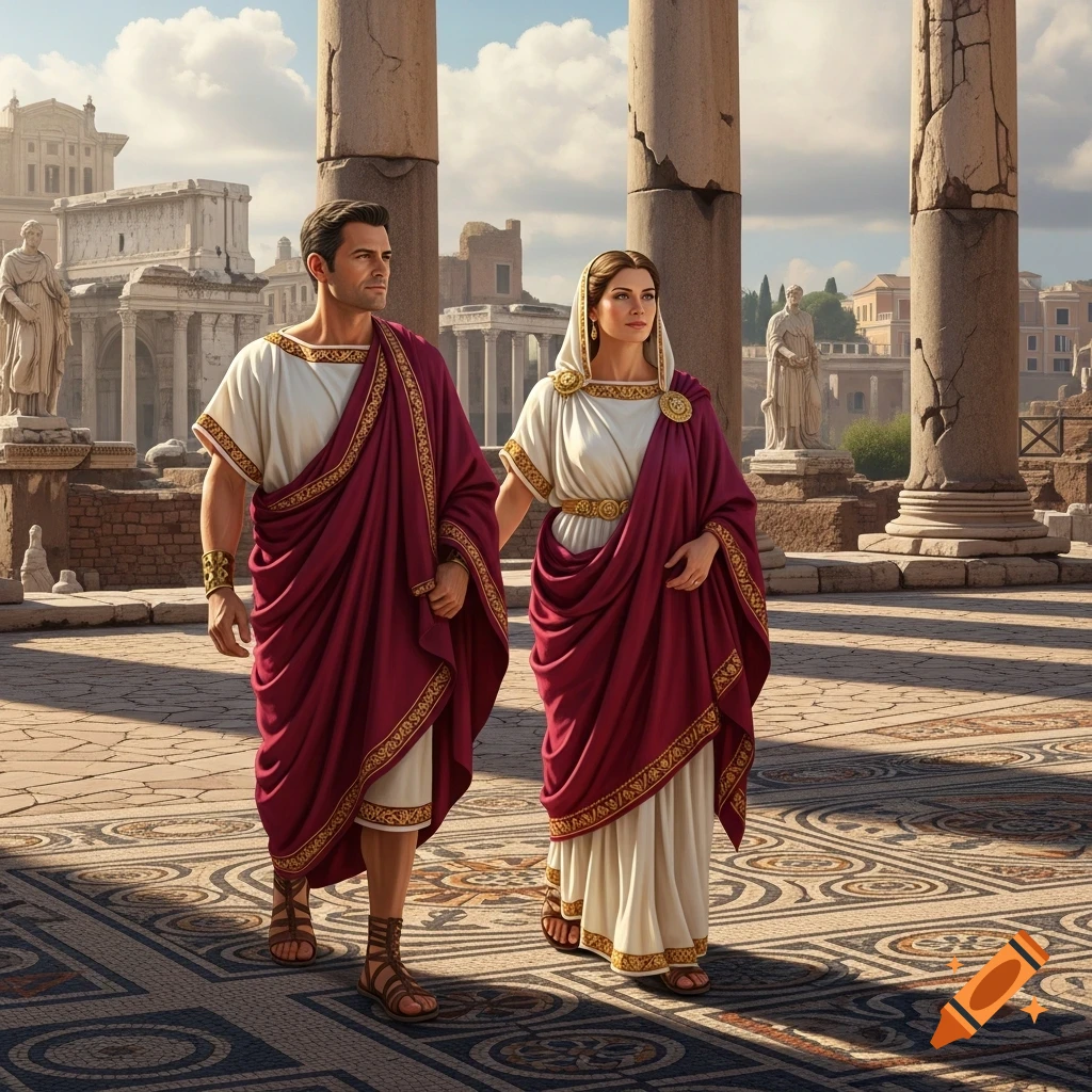 Photorealistic Roman couple in togas walking through an ancient forum with columns and ruins on a mosaic floor.