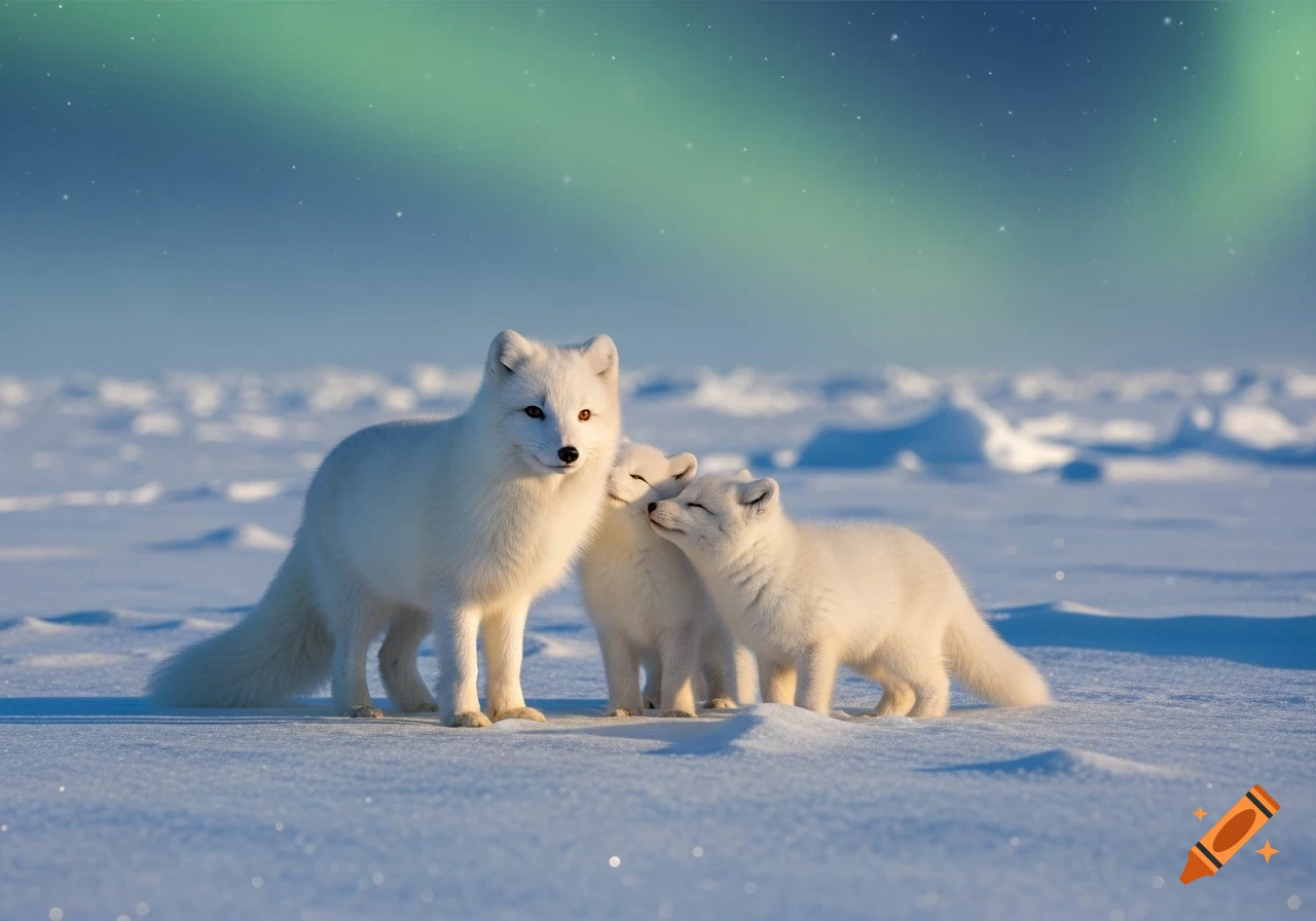 A photorealistic image of an arctic fox with two babies in a snowy landscape under the northern lights.