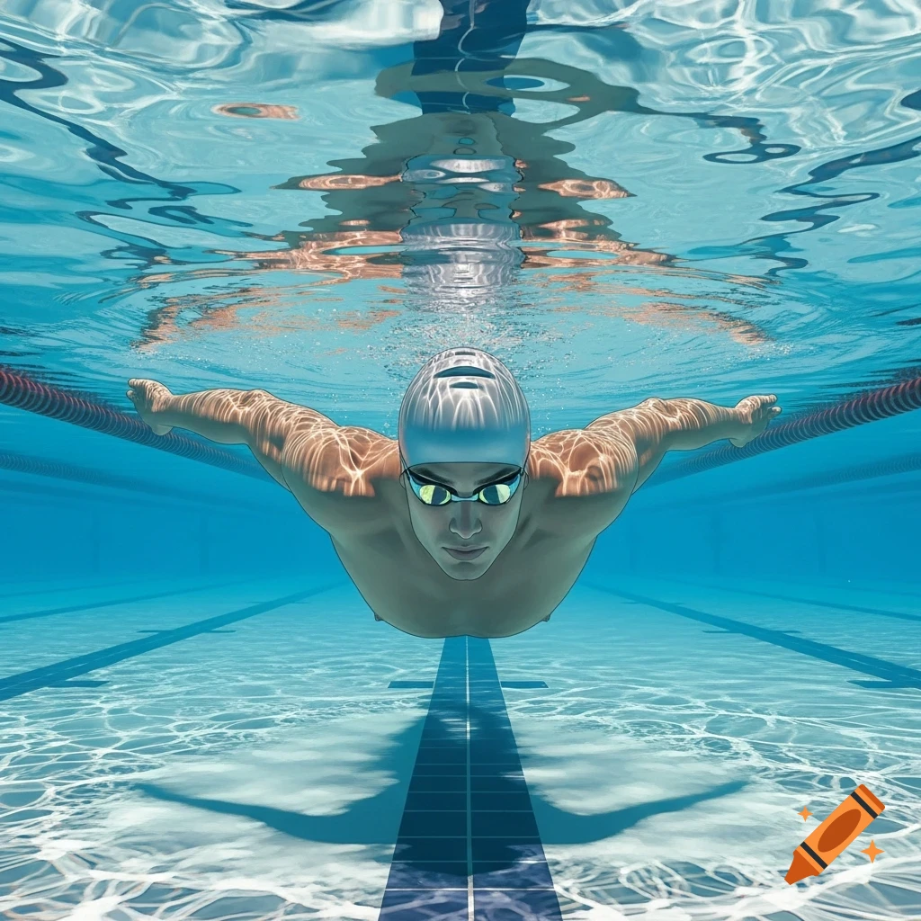 A swimmer wearing a cap and goggles glides through clear blue water in a swimming pool, seen from an underwater perspective.