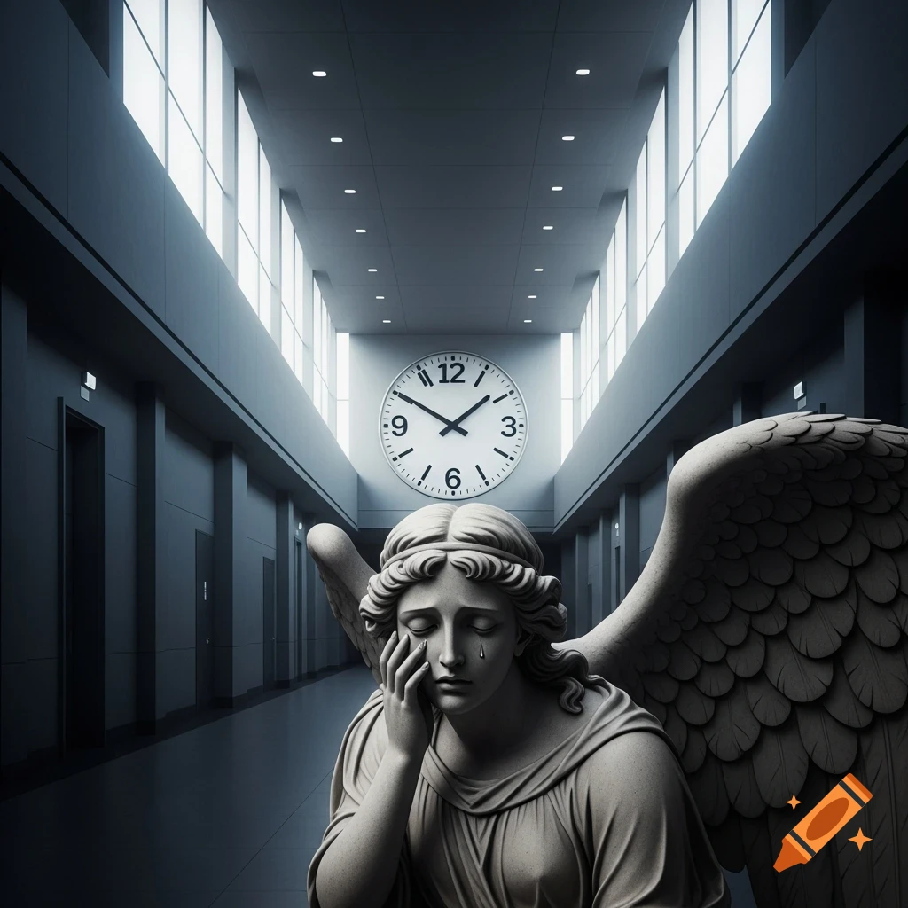 Crying angel statue in a long, sterile hallway with a large wall clock, rendered in a photorealistic style.