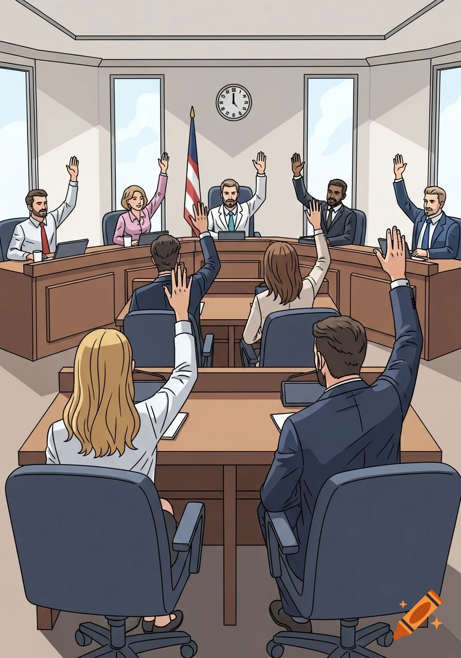 Clipart illustration of people in a meeting raising their hands to vote.