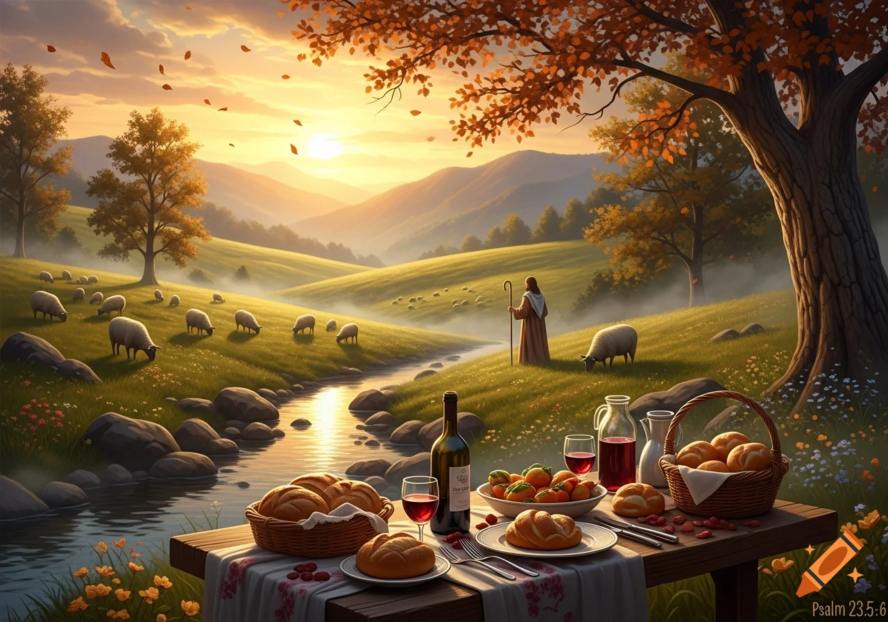 Pastoral landscape at sunset with a shepherd, sheep, a flowing river, and a picnic table filled with bread and wine.