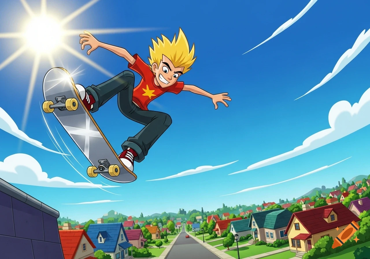 Cartoon boy, Johnny Test, on a skateboard mid-air over a suburban neighborhood with blue skies and a bright sun.