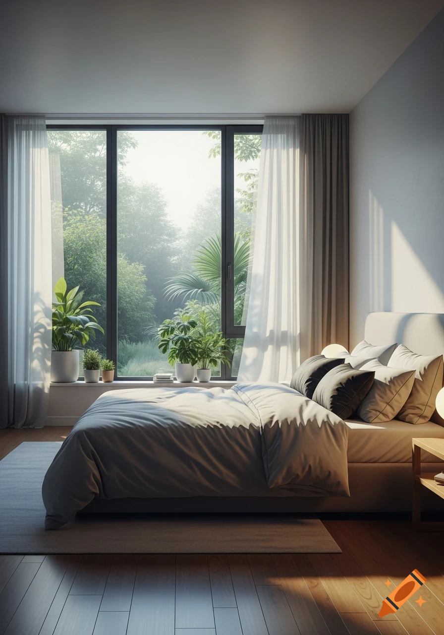 Photorealistic modern bedroom with a large window overlooking lush greenery, potted plants on the sill, and sunlight casting shadows.