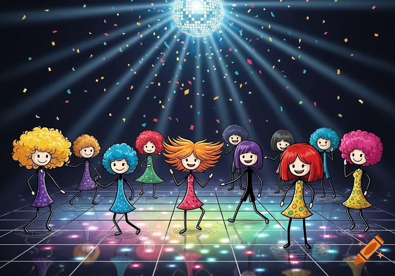 Cartoon stick figures with colorful wigs dancing under a disco ball with confetti and lights.